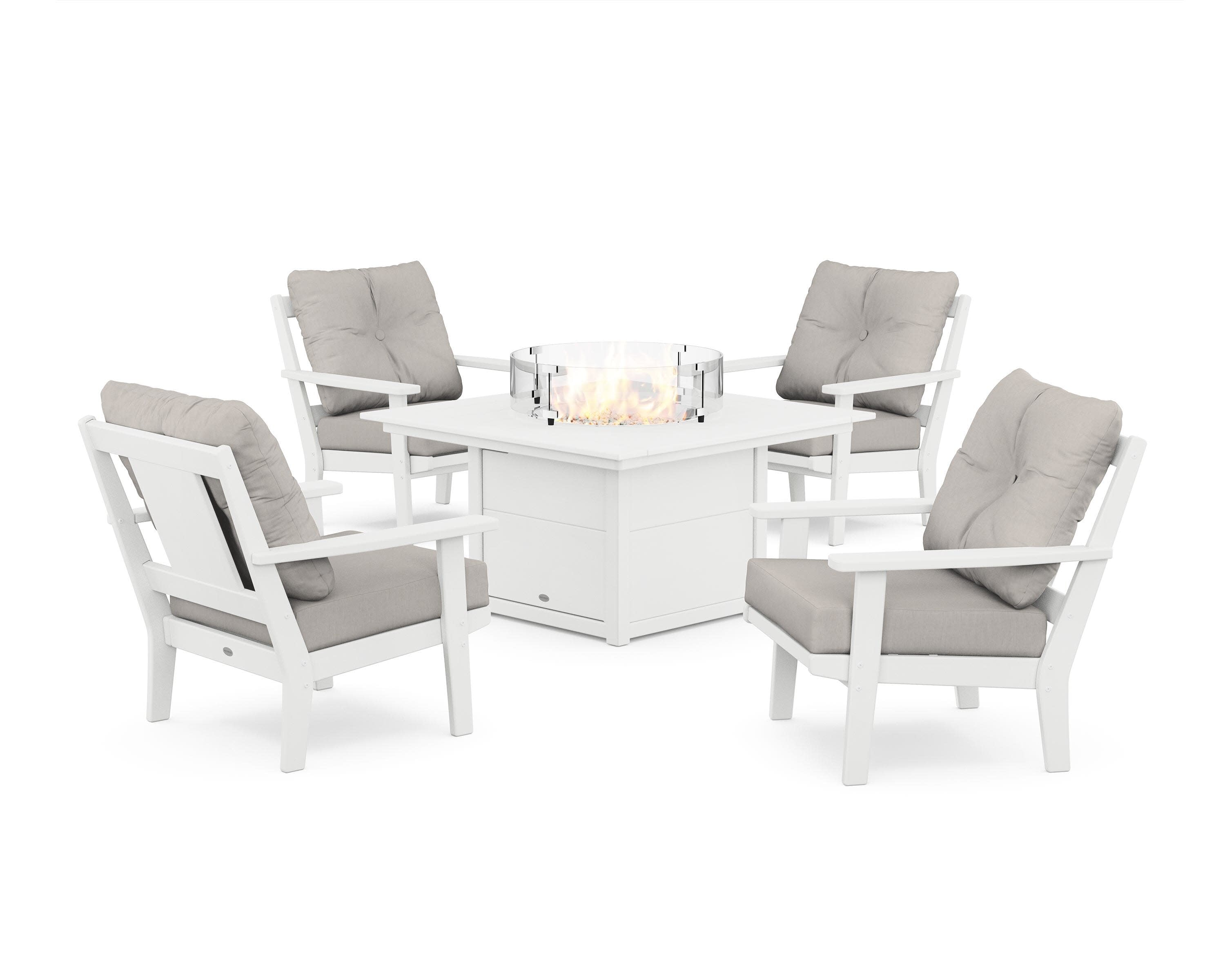 Prairie 5-Piece Deep Seating Set with Fire Pit Table in White / Cast Ash