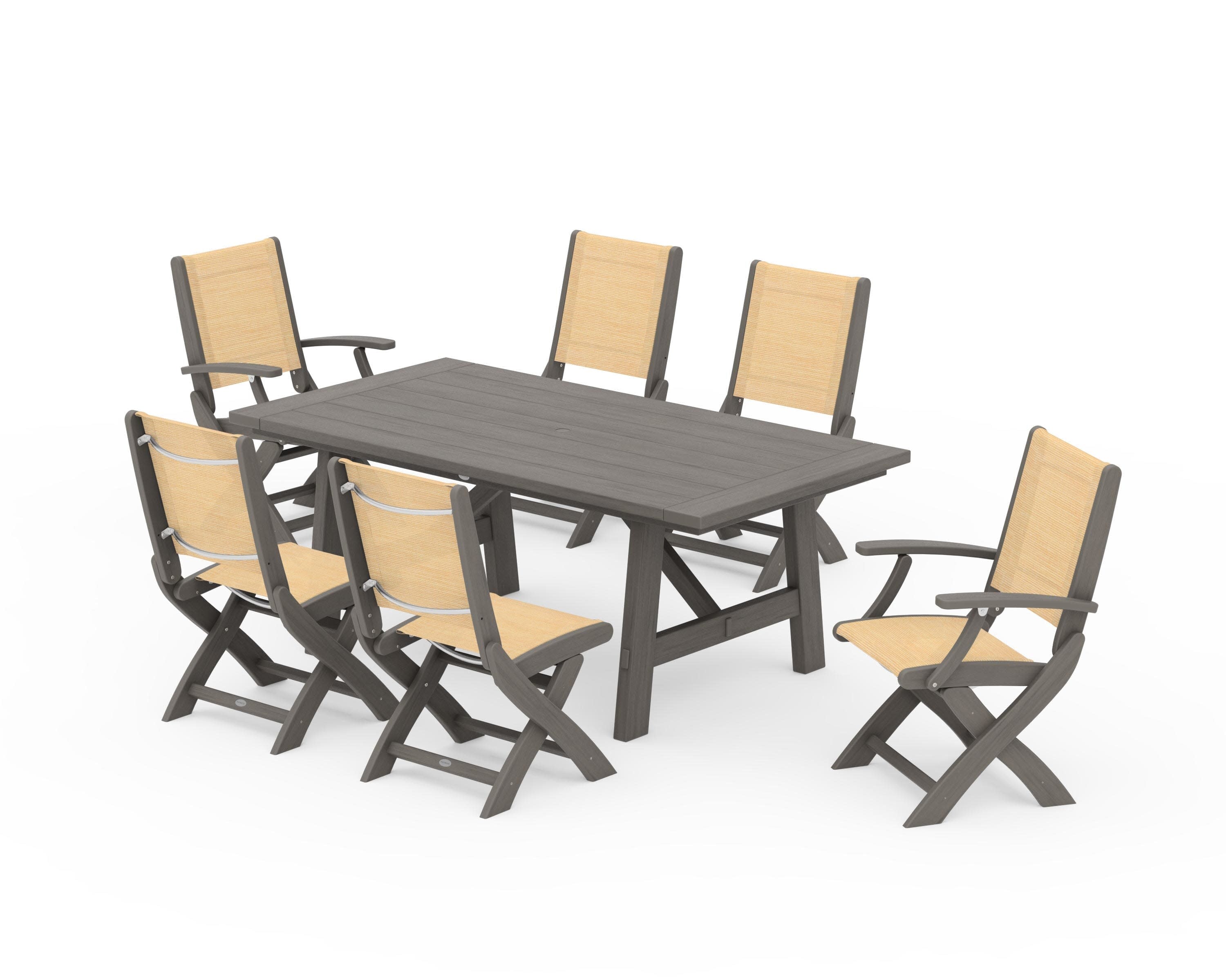 Coastal Folding Chair 7-Piece Rustic Farmhouse Dining Set in Driftwood / Dupioni Apricot Sling