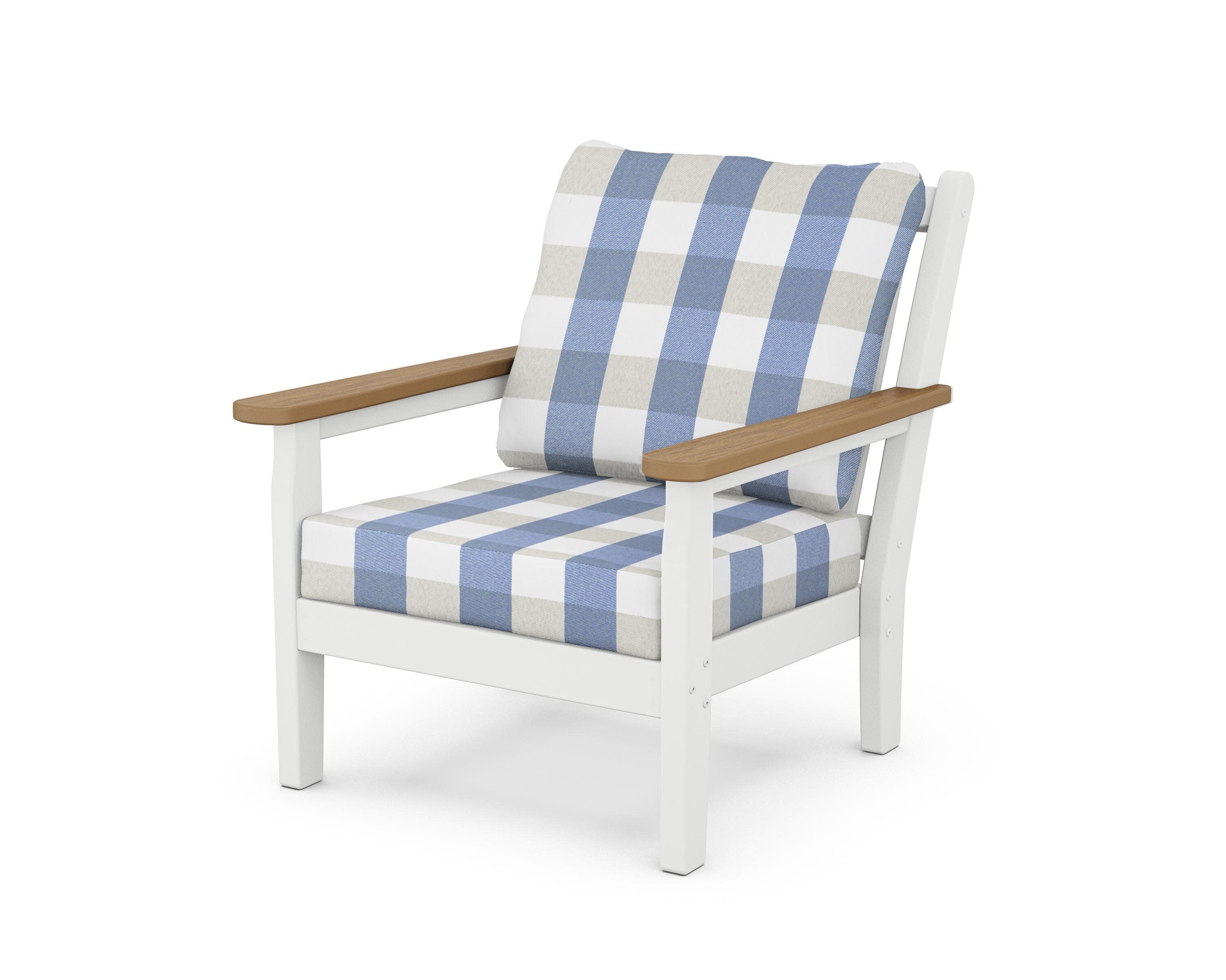 Chippendale Deep Seating Chair in White / Natural / Buffalo Plaid Sky Blue