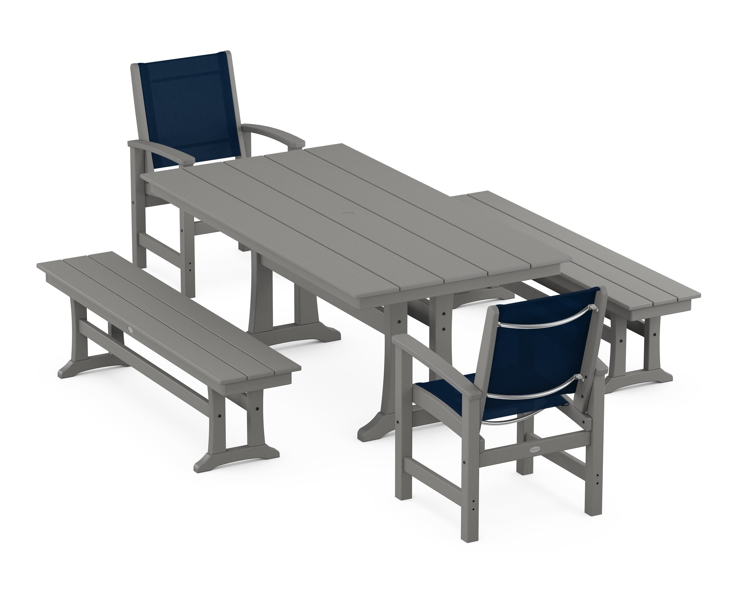 Coastal 5-Piece Farmhouse Dining Set with Trestle Legs and Benches in Slate Grey / Navy Blue Sling