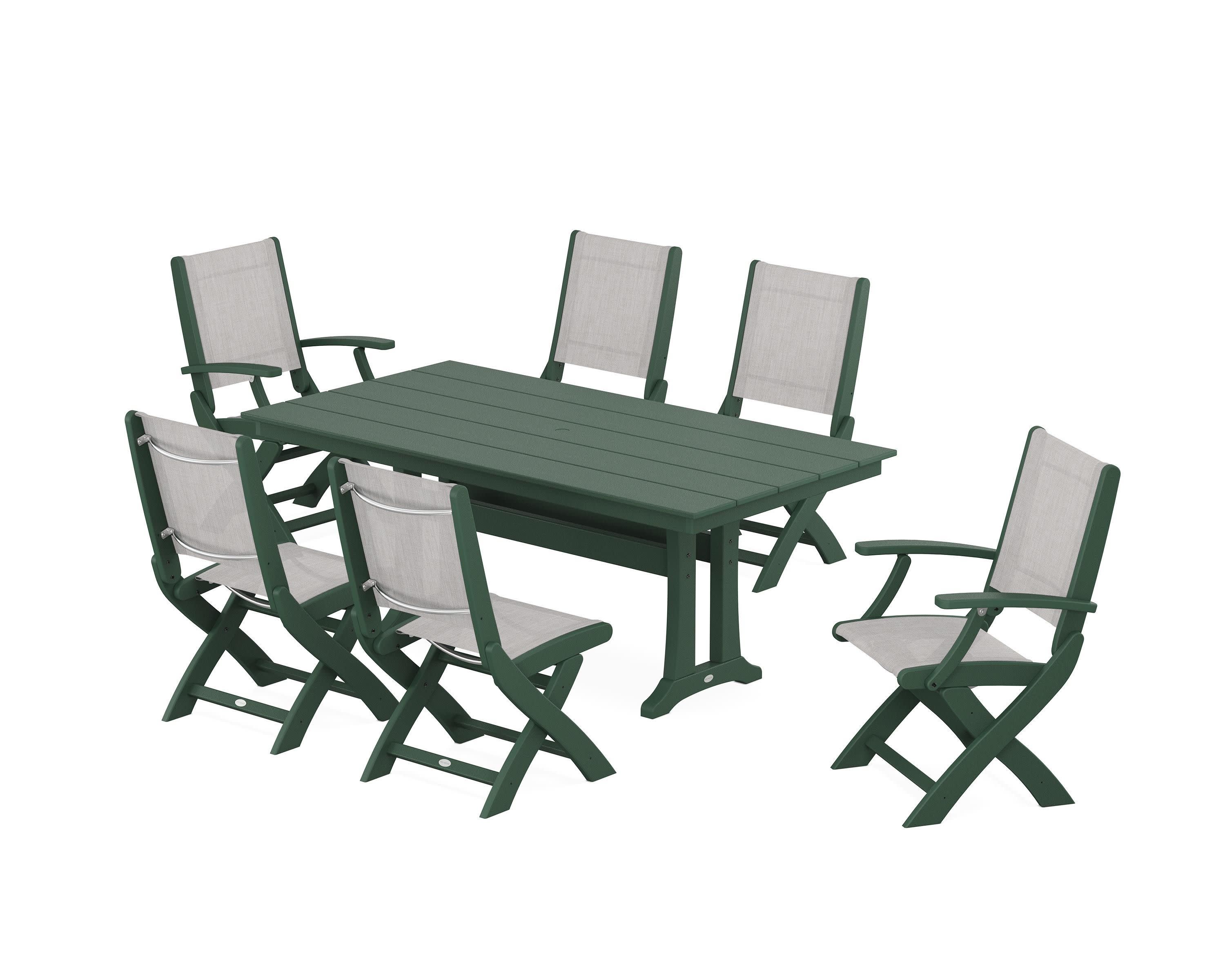 Coastal Folding Chair 7-Piece Farmhouse Dining Set with Trestle Legs in Green / Parchment Sling