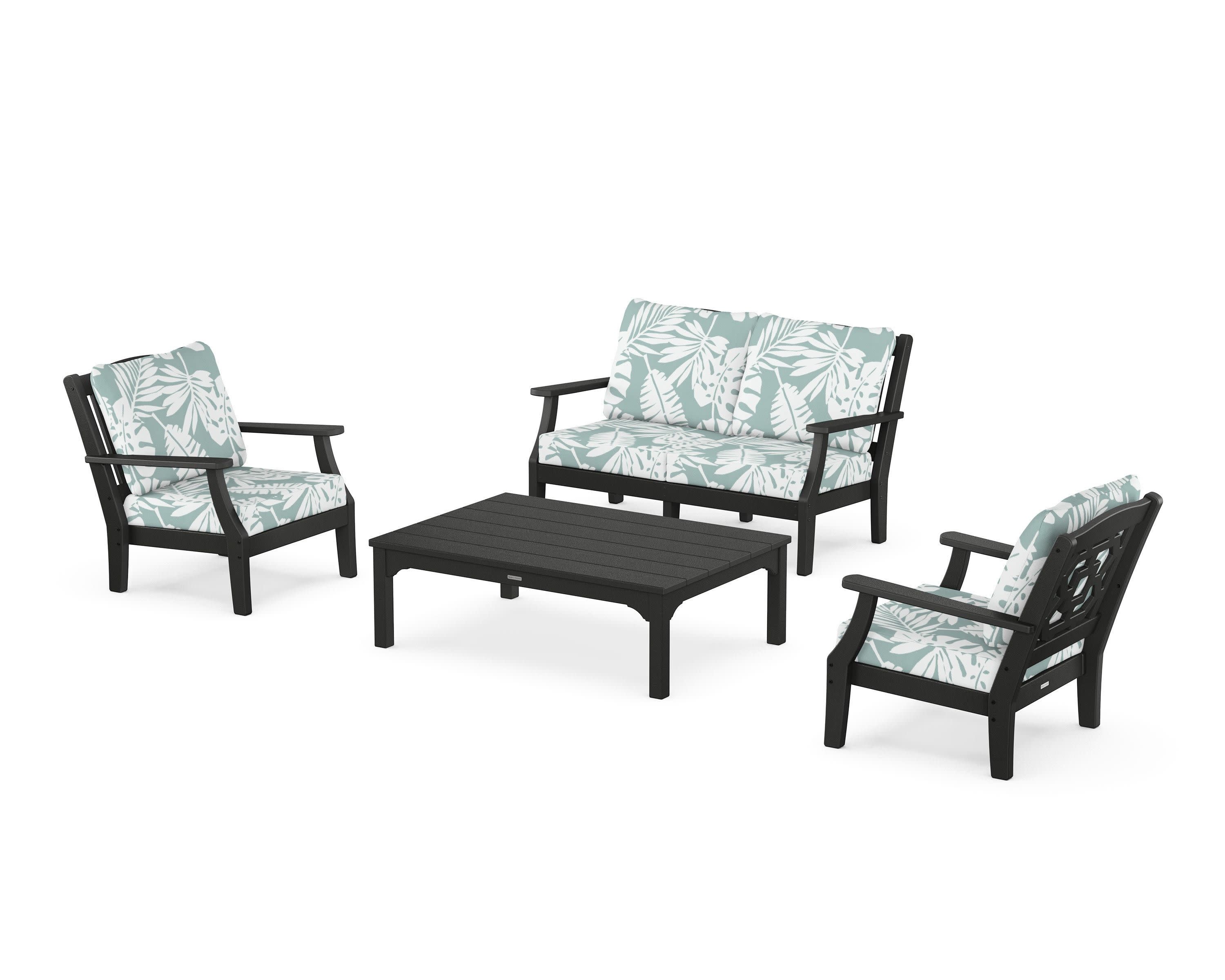 Chinoiserie 4-Piece Deep Seating Set with Loveseat in Black / Leaf Glacier Spa