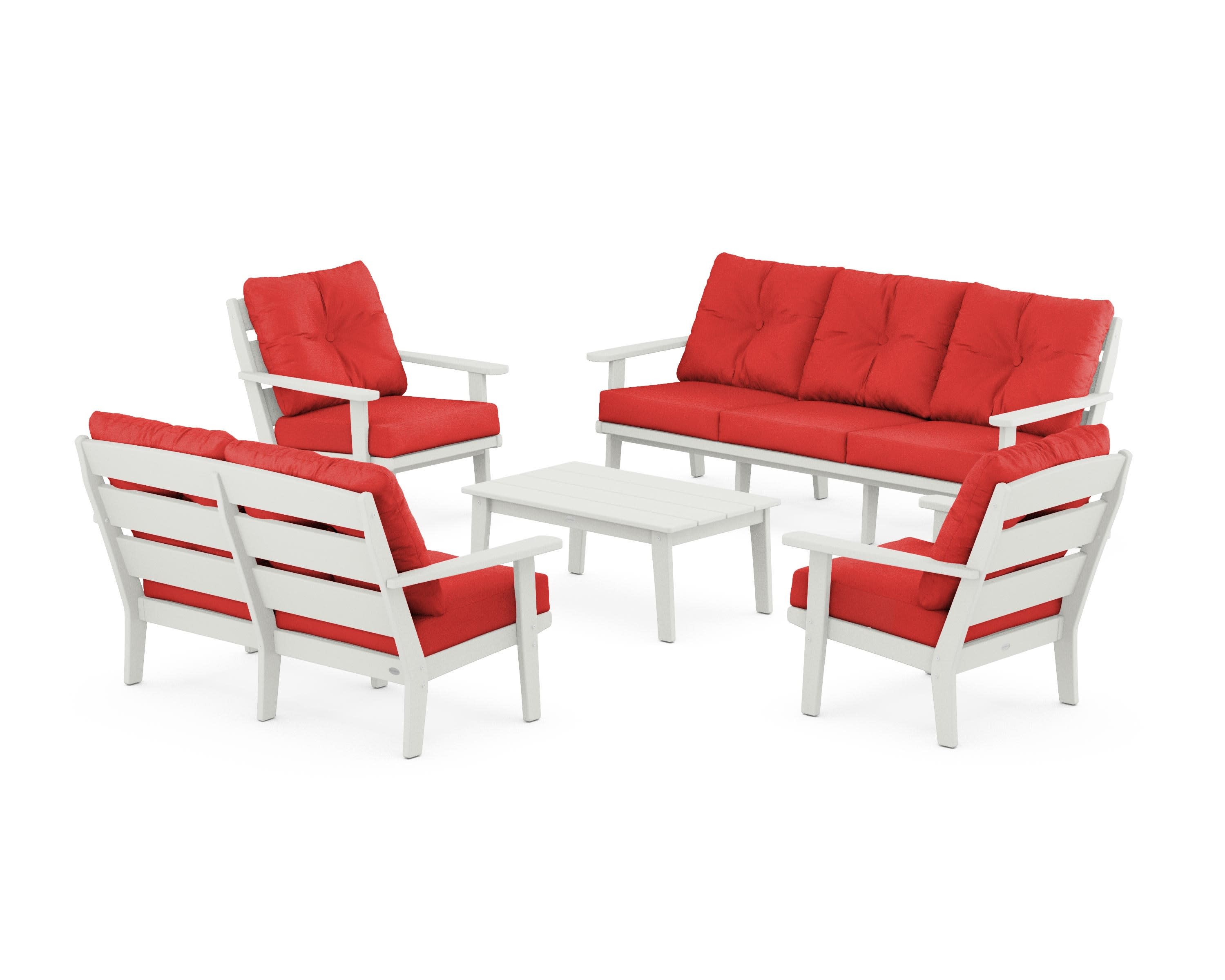 Lakeside 5-Piece Lounge Sofa Set in Vintage White / Crimson Linen