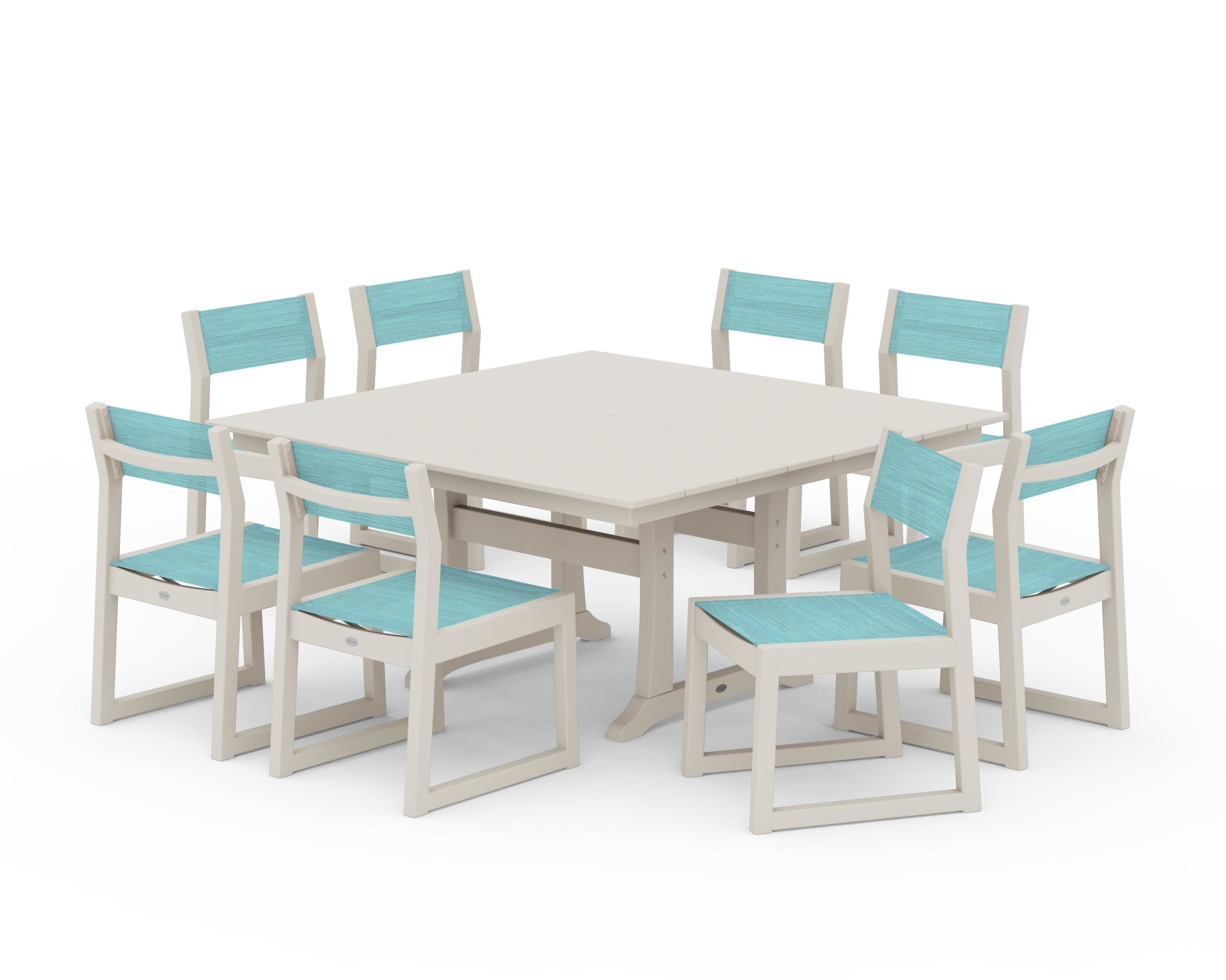 EDGE Sling Side Chair 9-Piece Farmhouse Trestle Dining Set in Sand / Dupioni Aquamarine Sling