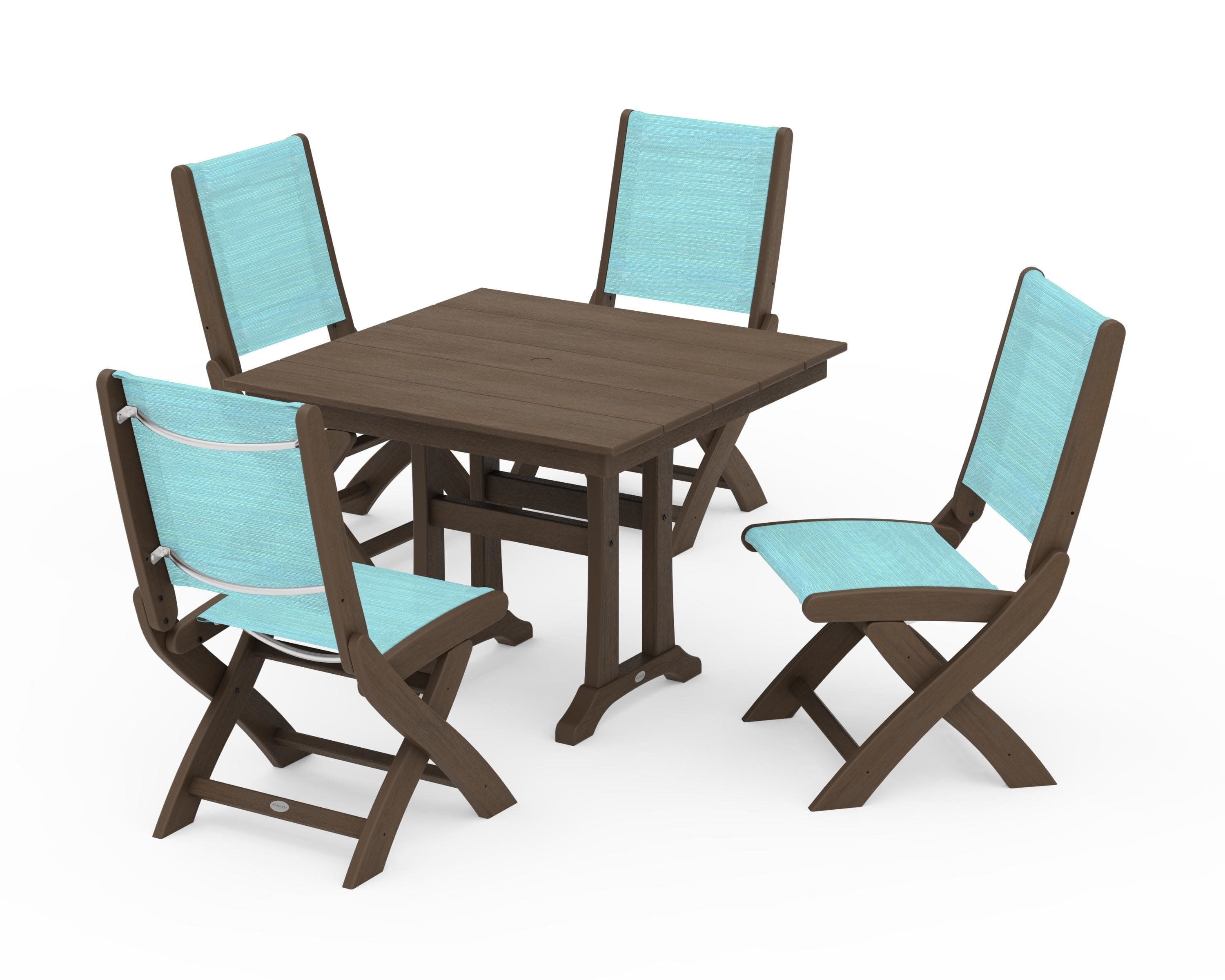 Coastal Folding Side Chair 5-Piece Farmhouse Dining Set With Trestle Legs in Kona / Dupioni Aquamarine Sling
