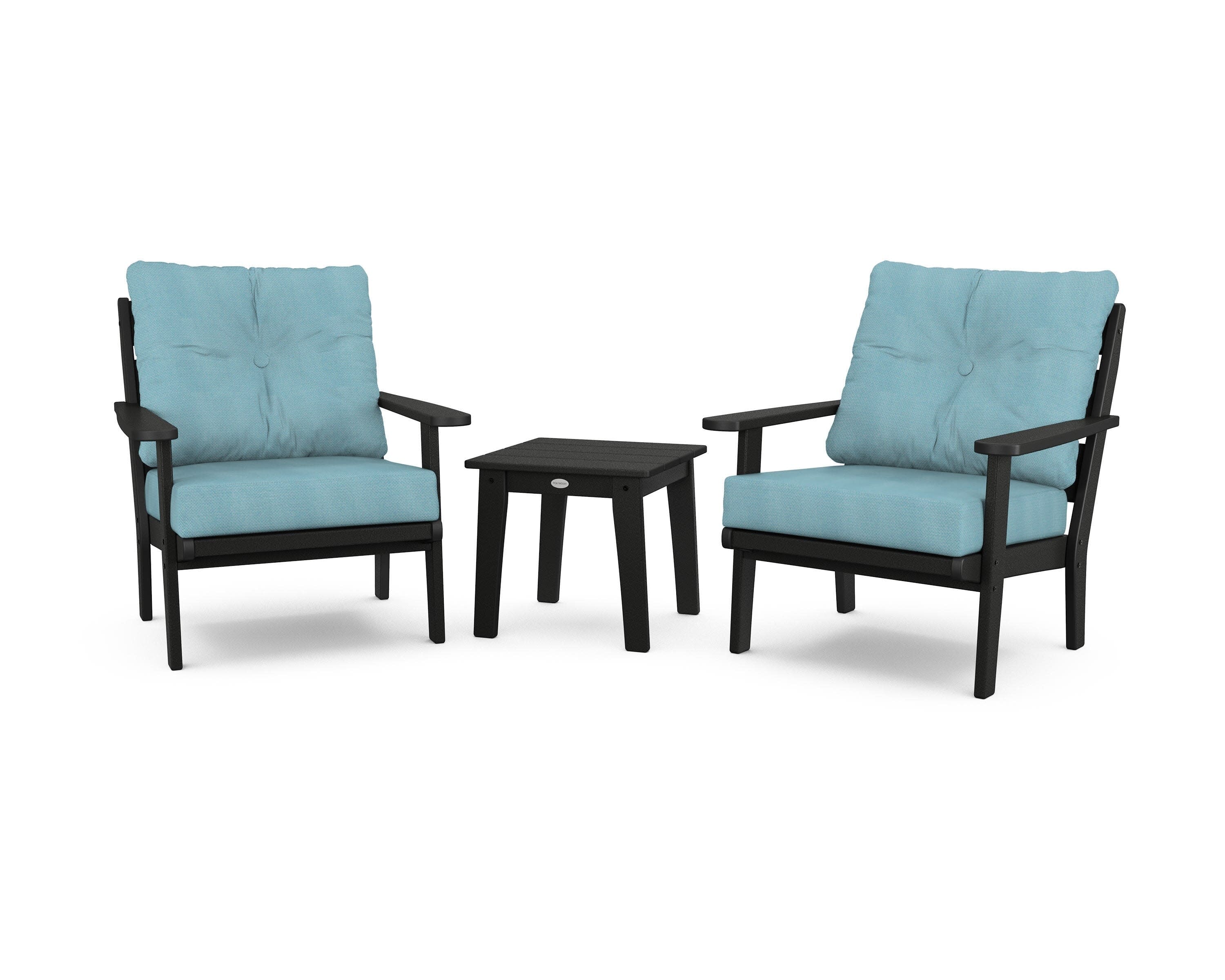 Lakeside 3-Piece Deep Seating Chair Set in Black / Lattice Sky Blue