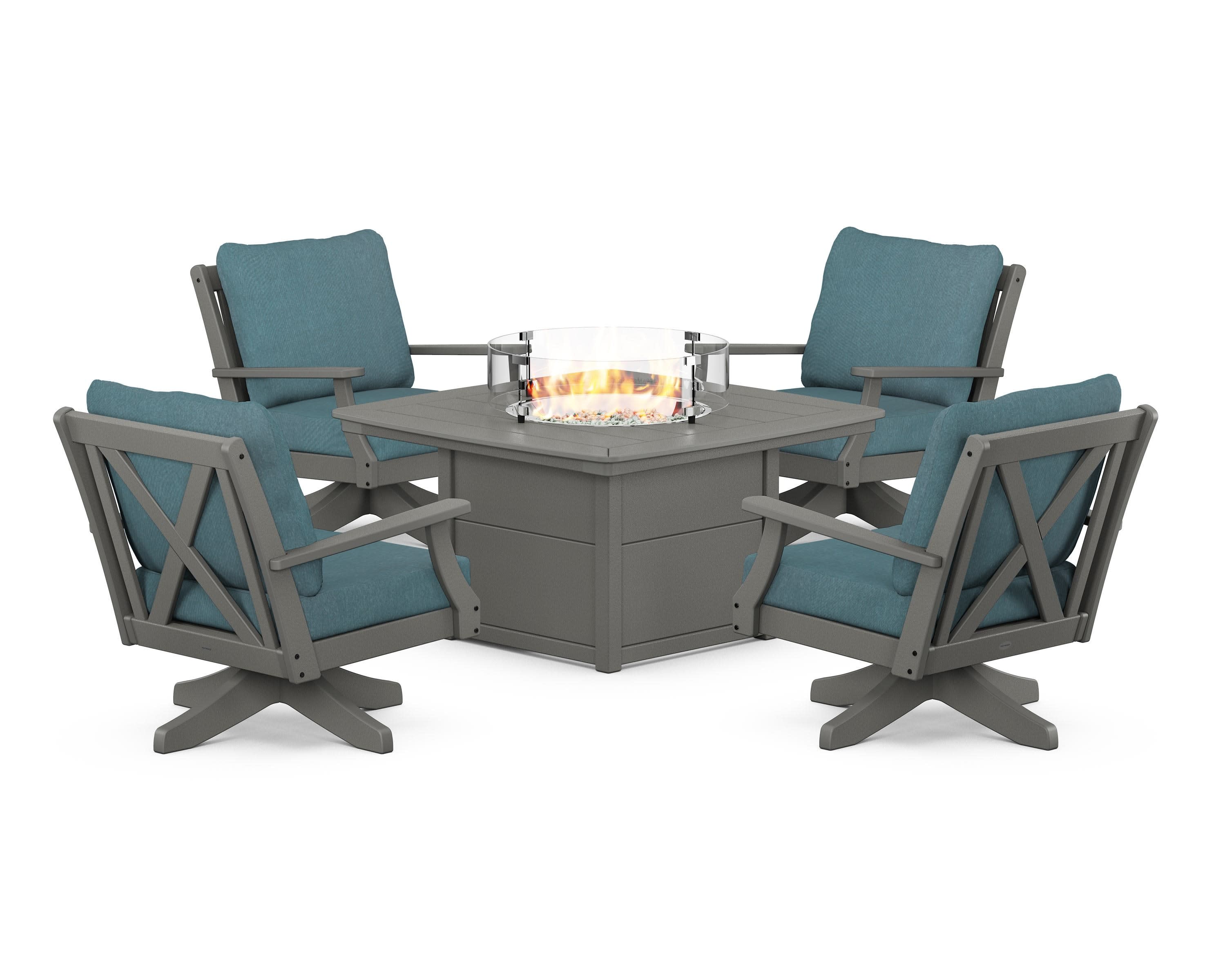 Braxton 5-Piece Deep Seating Swivel Conversation Set with Fire Pit Table in Slate Grey / Ocean Teal
