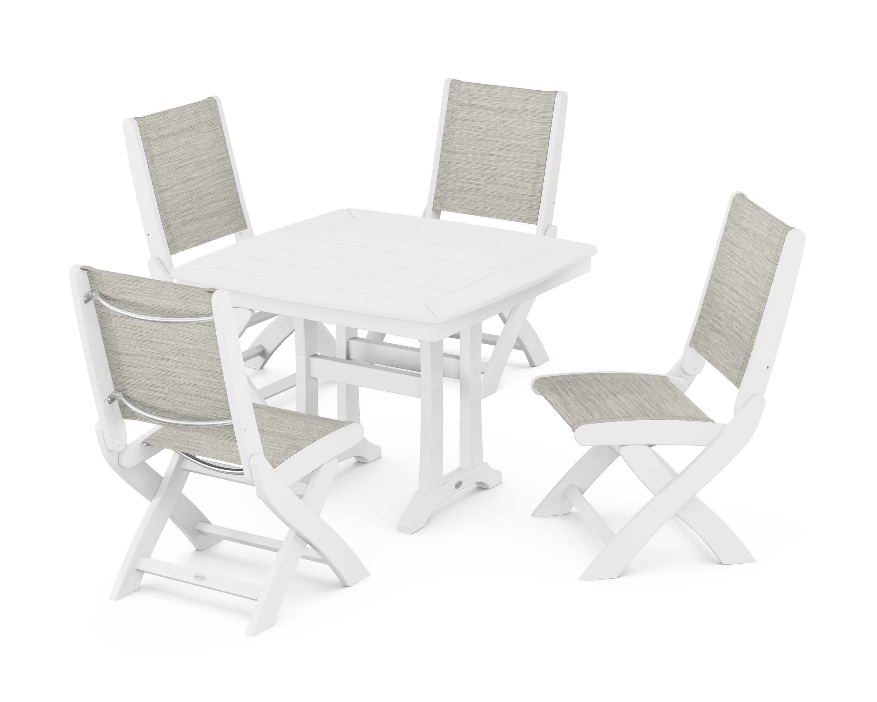 Coastal Folding Side Chair 5-Piece Dining Set with Trestle Legs in White / Birch Sling