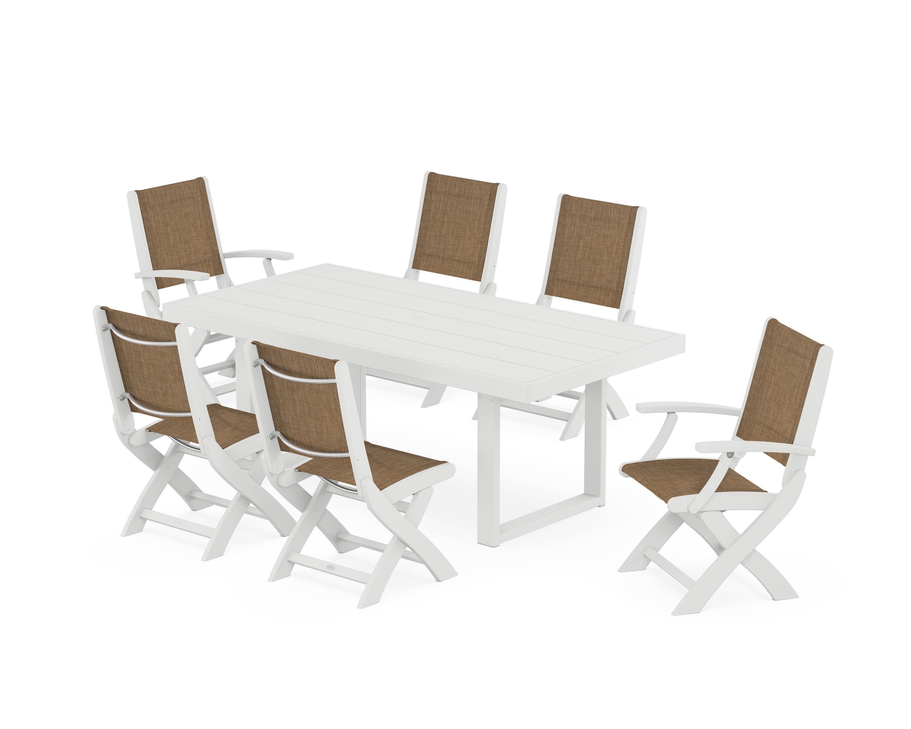 Coastal Folding Chair 7-Piece Dining Set with Trestle Legs in White / Burlap Sling