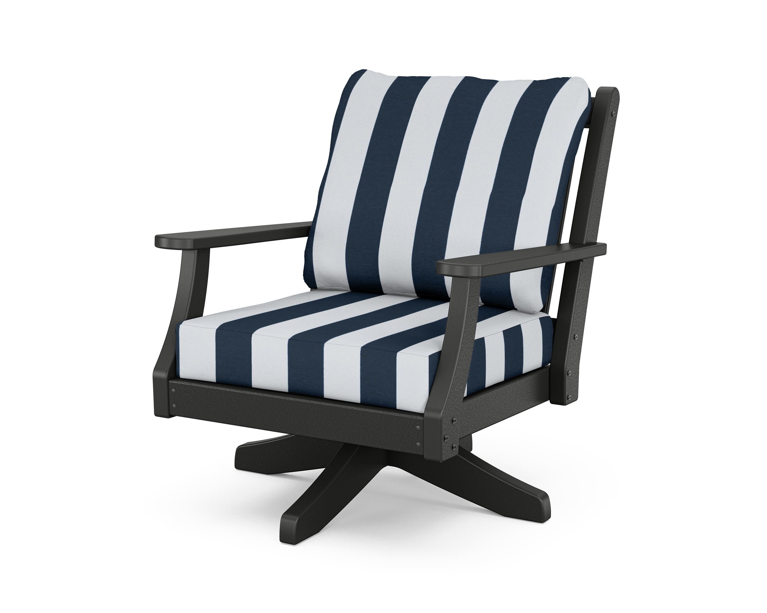 Wovendale Deep Seating Swivel Chair in Black / Cabana Stripe Marine Indigo
