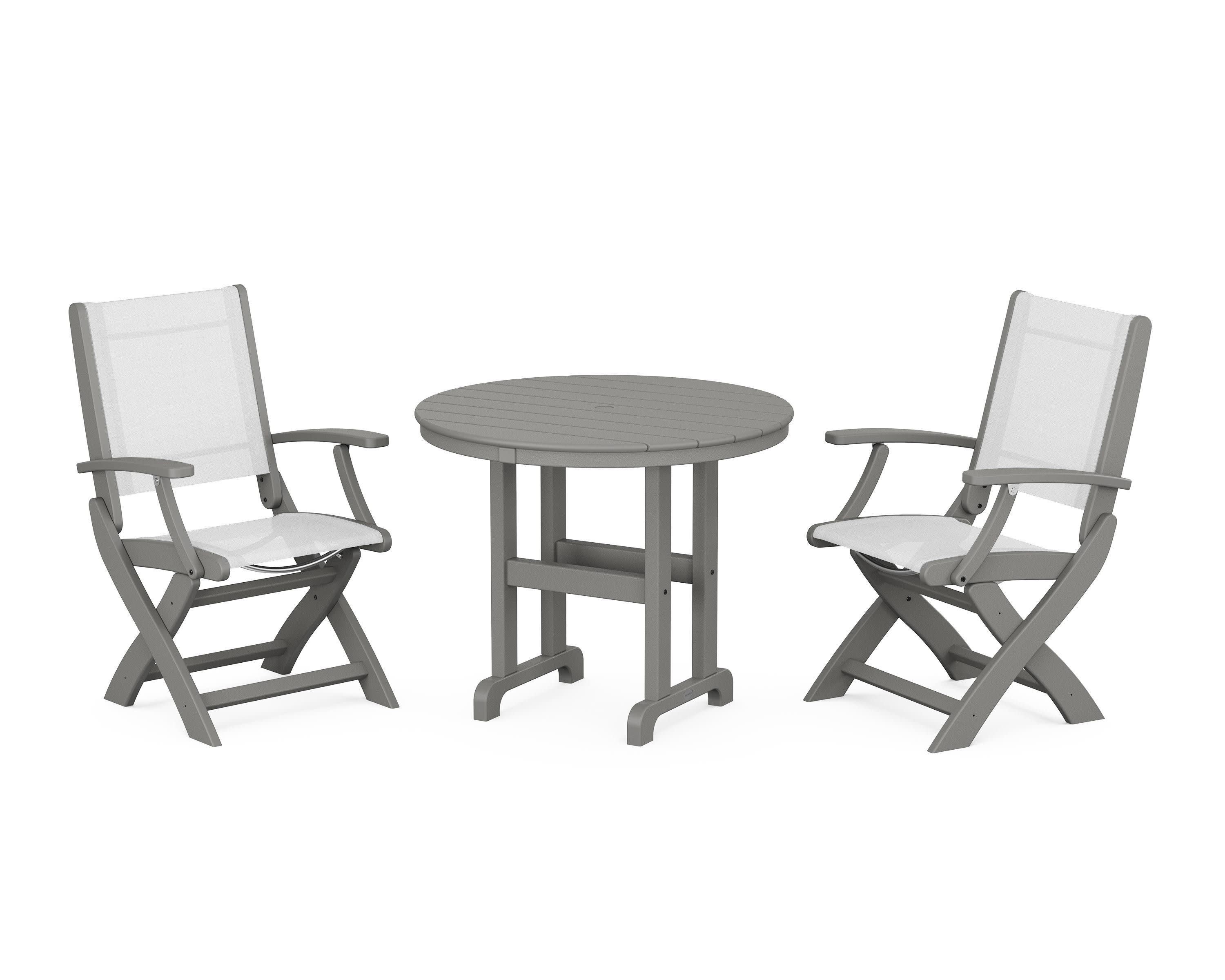 Coastal Folding Chair 3-Piece Round Dining Set in Slate Grey / White Sling