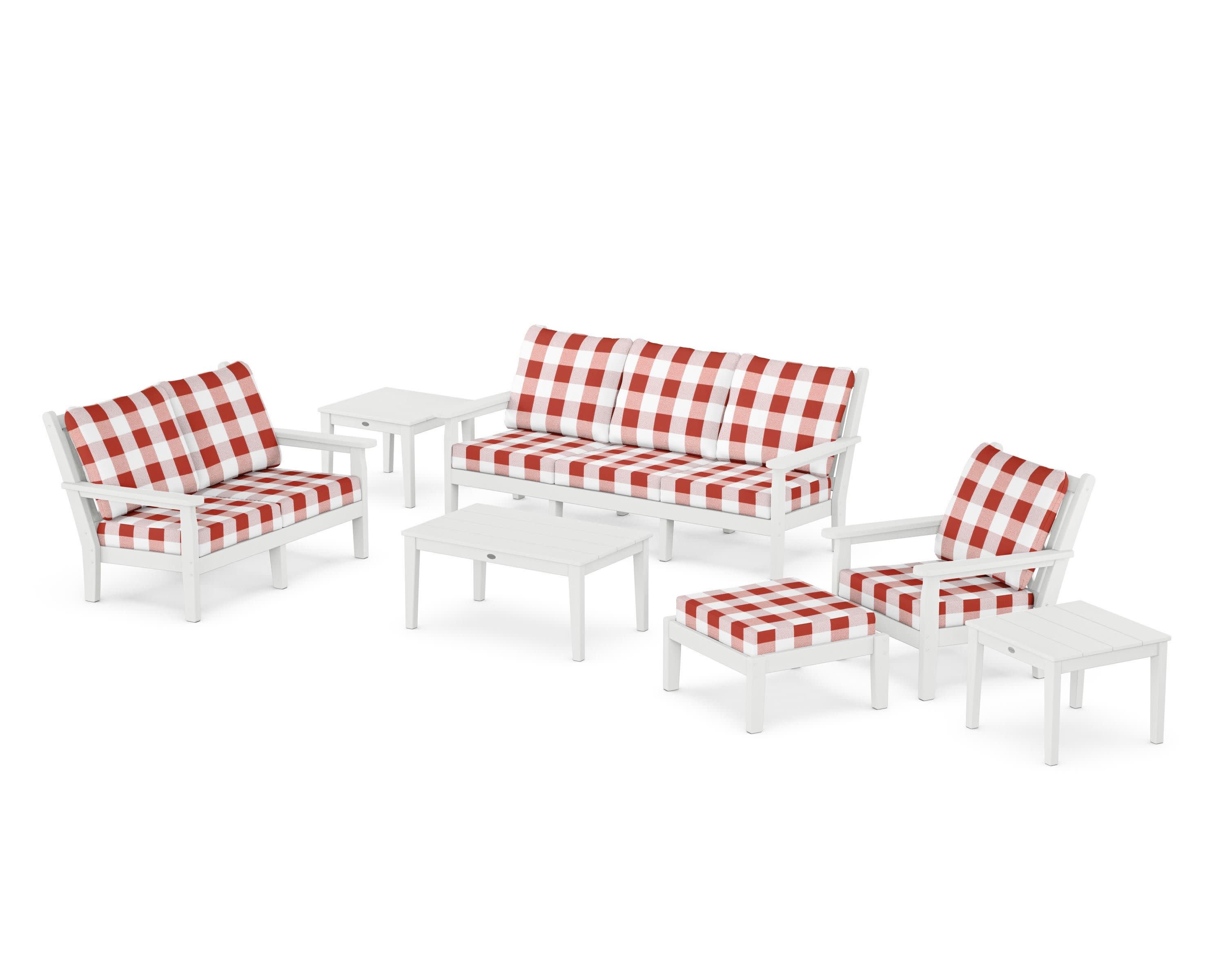 Chippendale 7-Piece Deep Seating Set in White / Buffalo Plaid Crimson