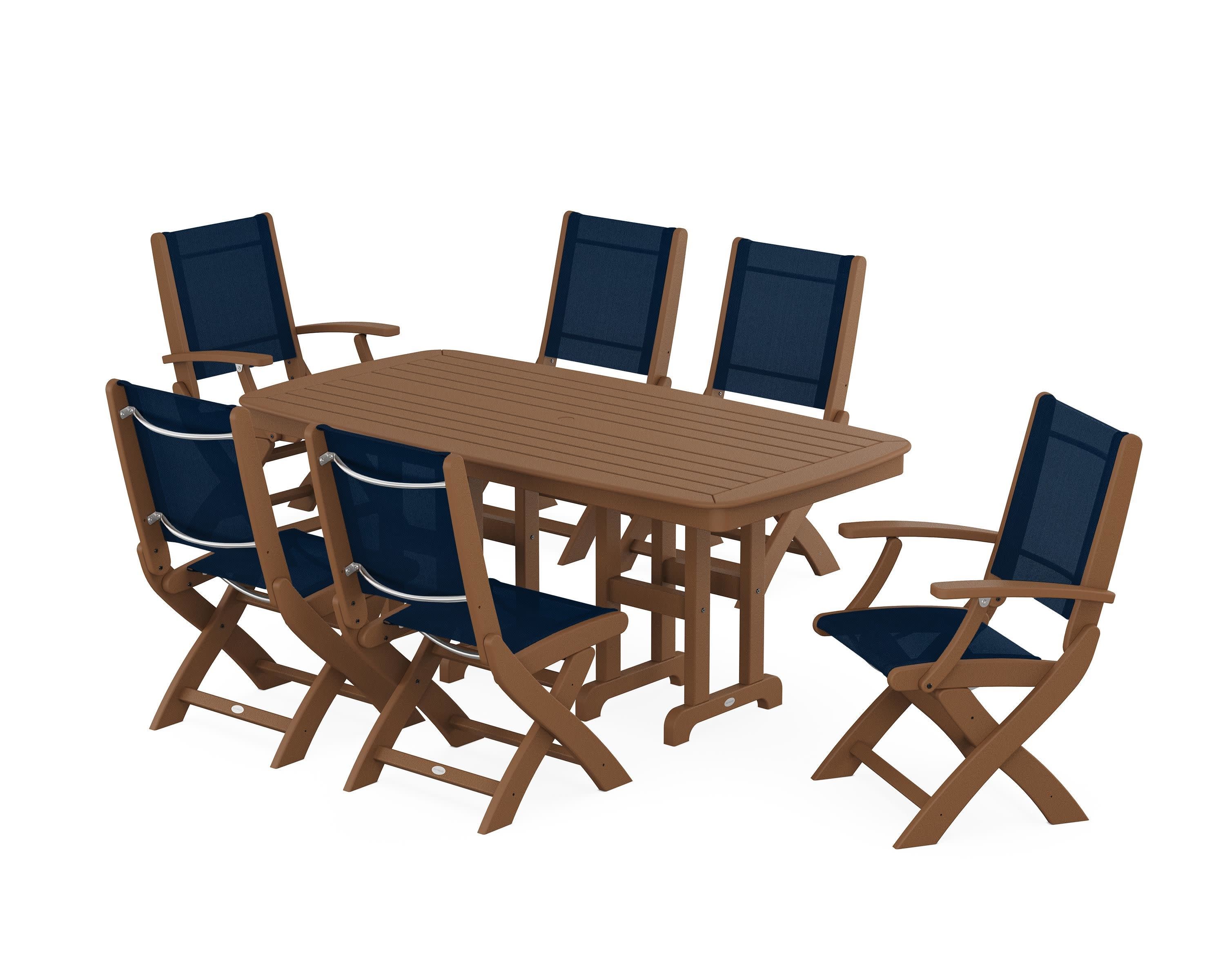 Coastal Folding Chair 7-Piece Dining Set in Teak / Navy Blue Sling