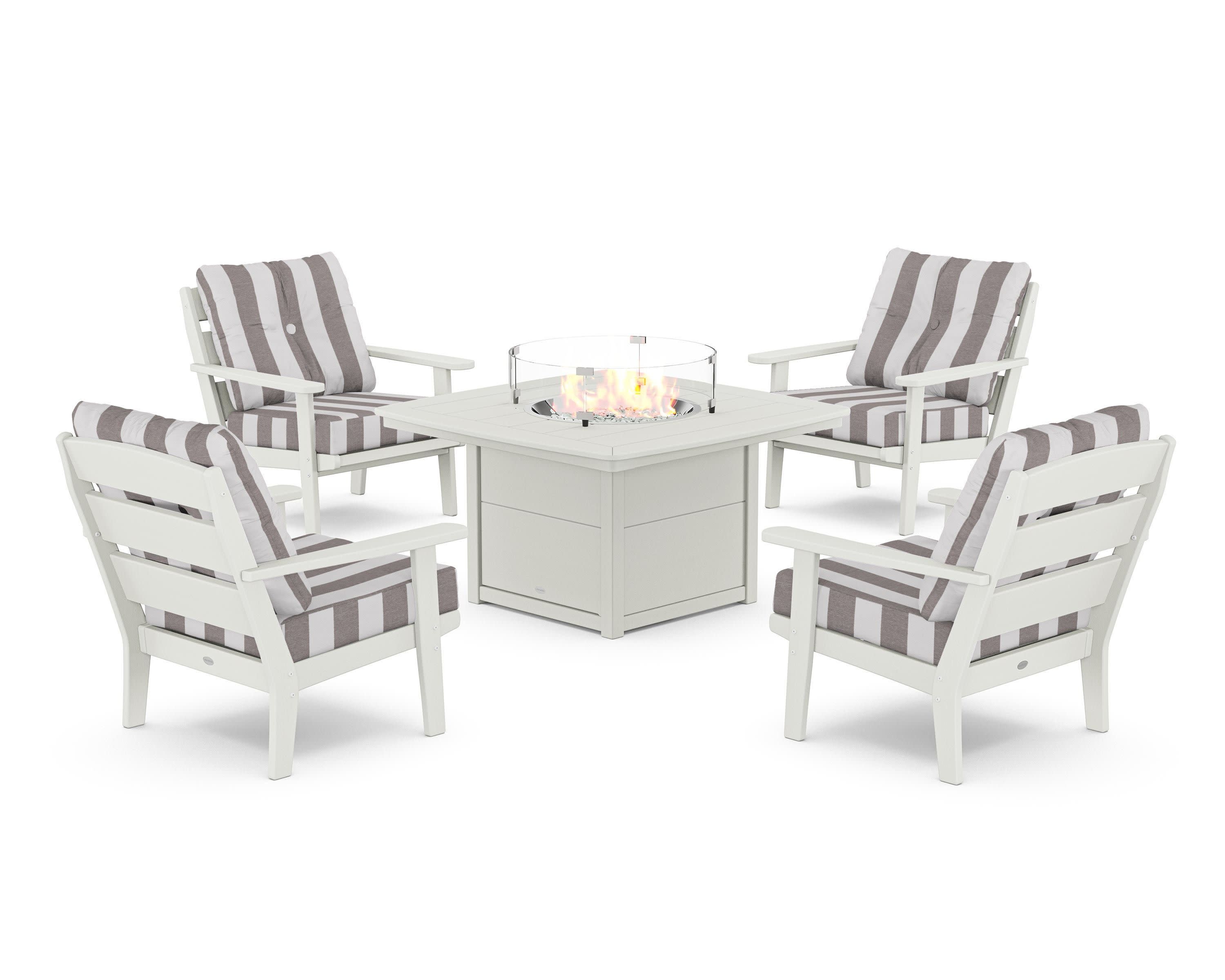 Lakeside 5-Piece Deep Seating Set with Nautical Fire Pit Table in Vintage White / Cabana Stripe Grey Mist
