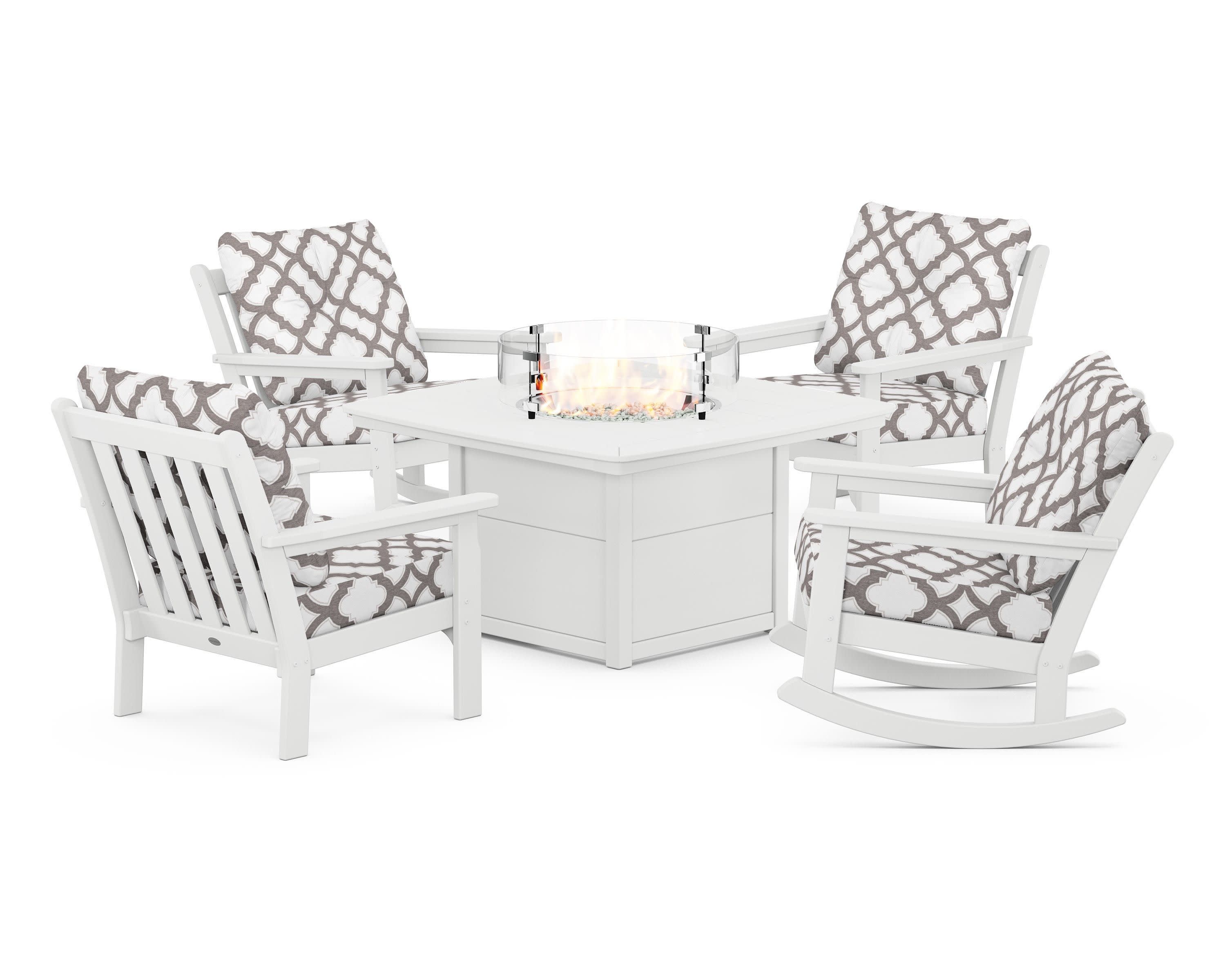 Vineyard 5-Piece Deep Seating Rocking Chair Conversation Set with Fire Pit Table in White / Trellis Grey Mist