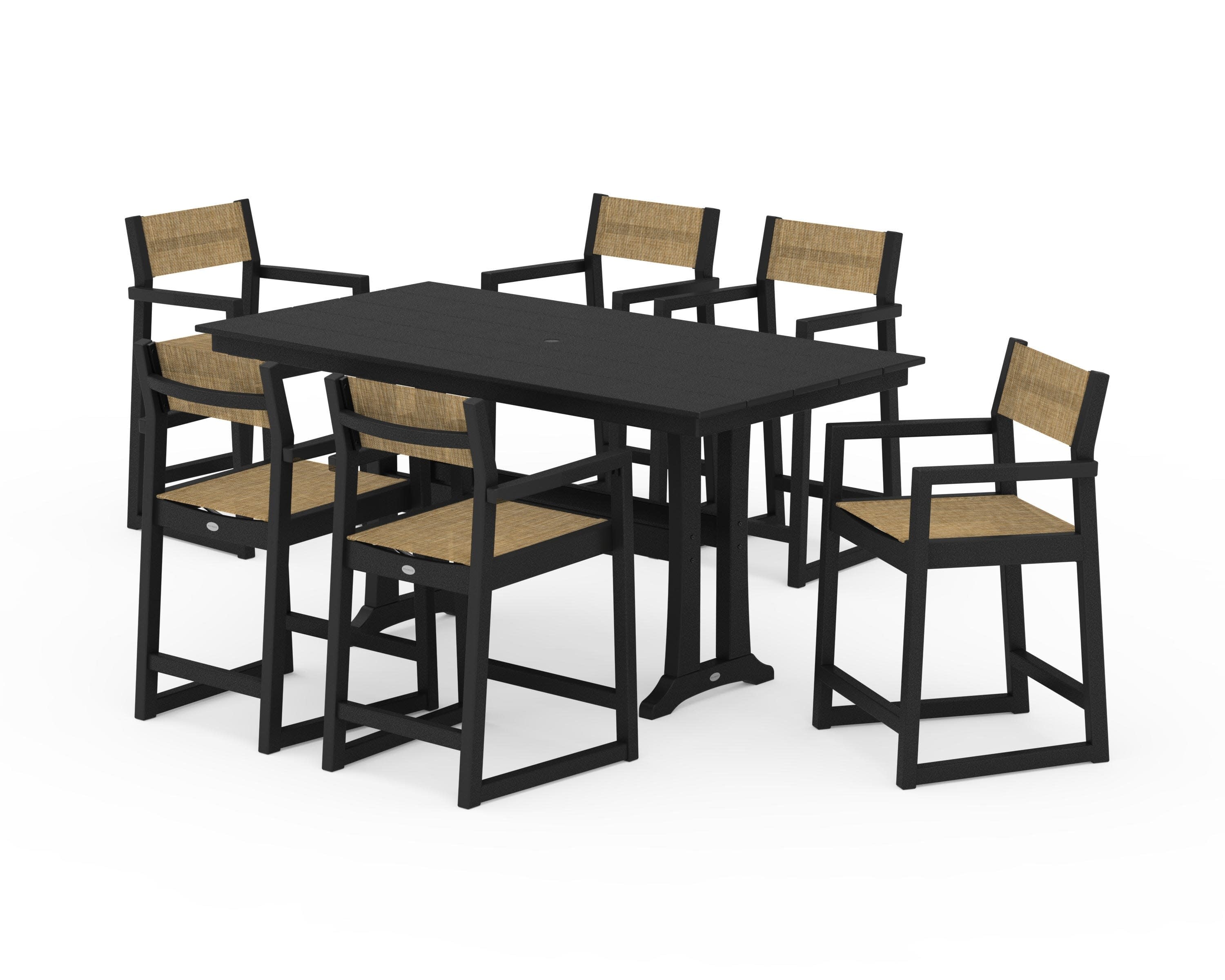 EDGE Sling Arm Chair 7-Piece Farmhouse Counter Set with Trestle Legs in Black / Burlap Sling