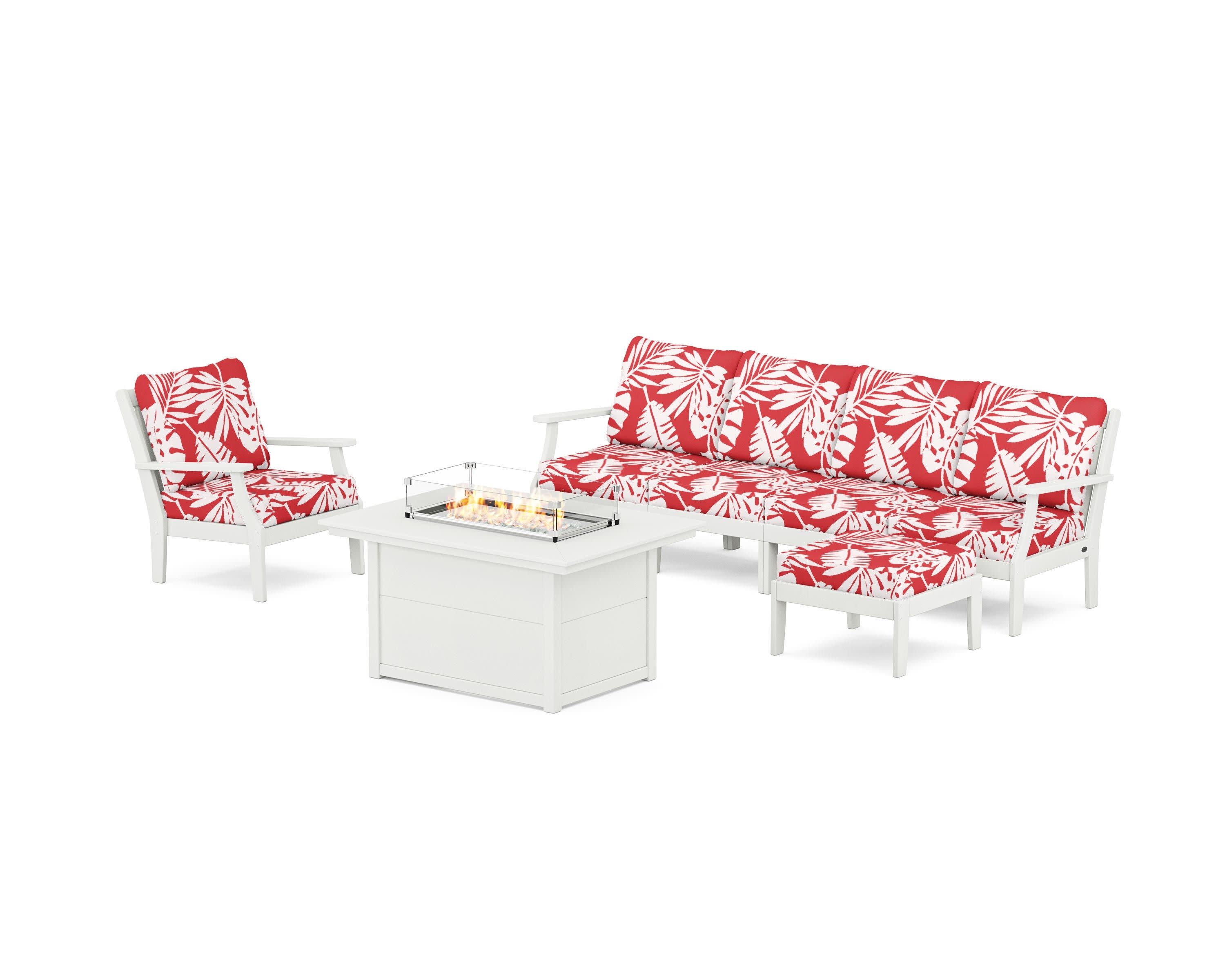 Braxton Sectional Lounge and Fire Pit Set in Vintage White / Leaf Crimson