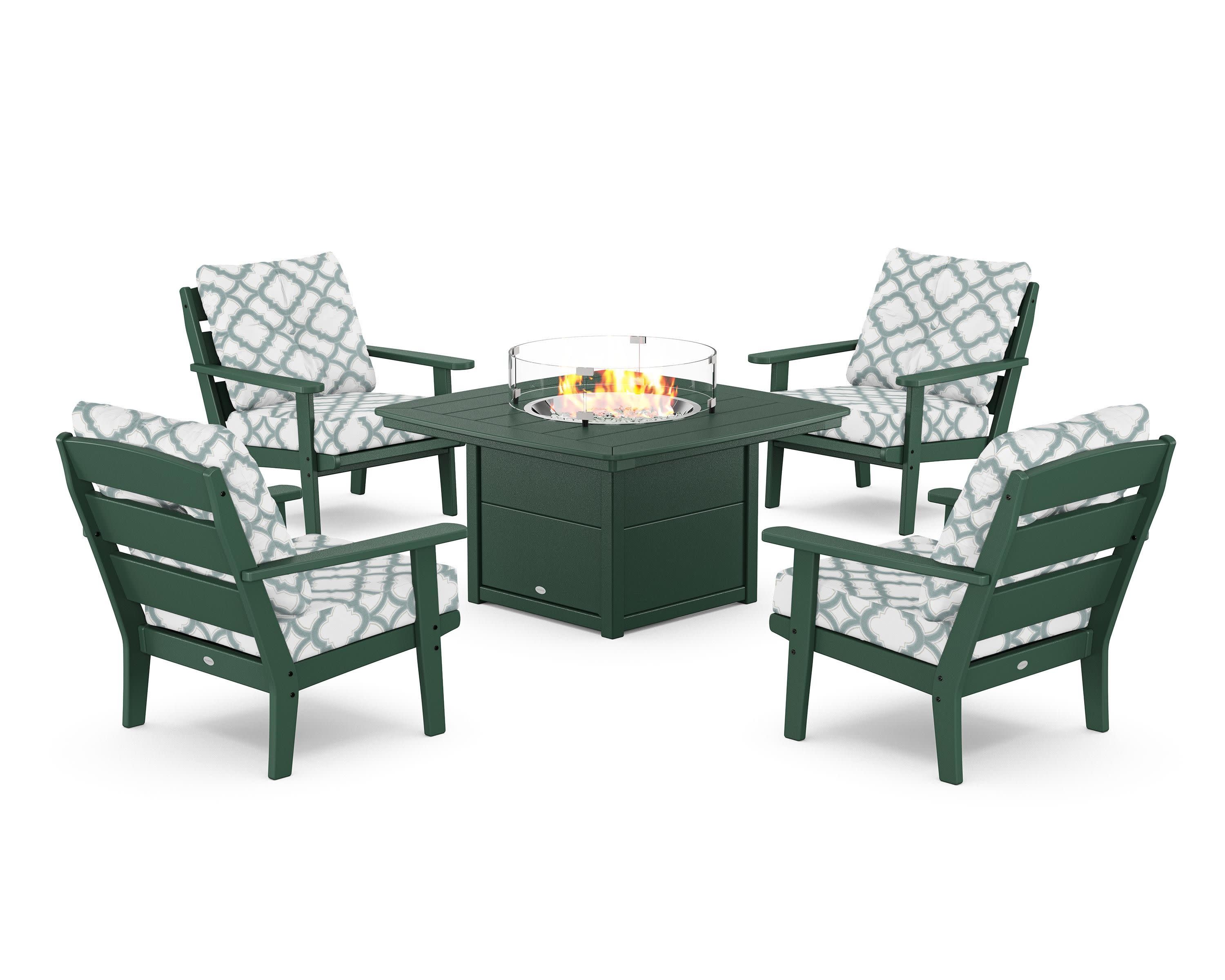 Lakeside 5-Piece Deep Seating Set with Nautical Fire Pit Table in Green / Trellis Glacier Spa