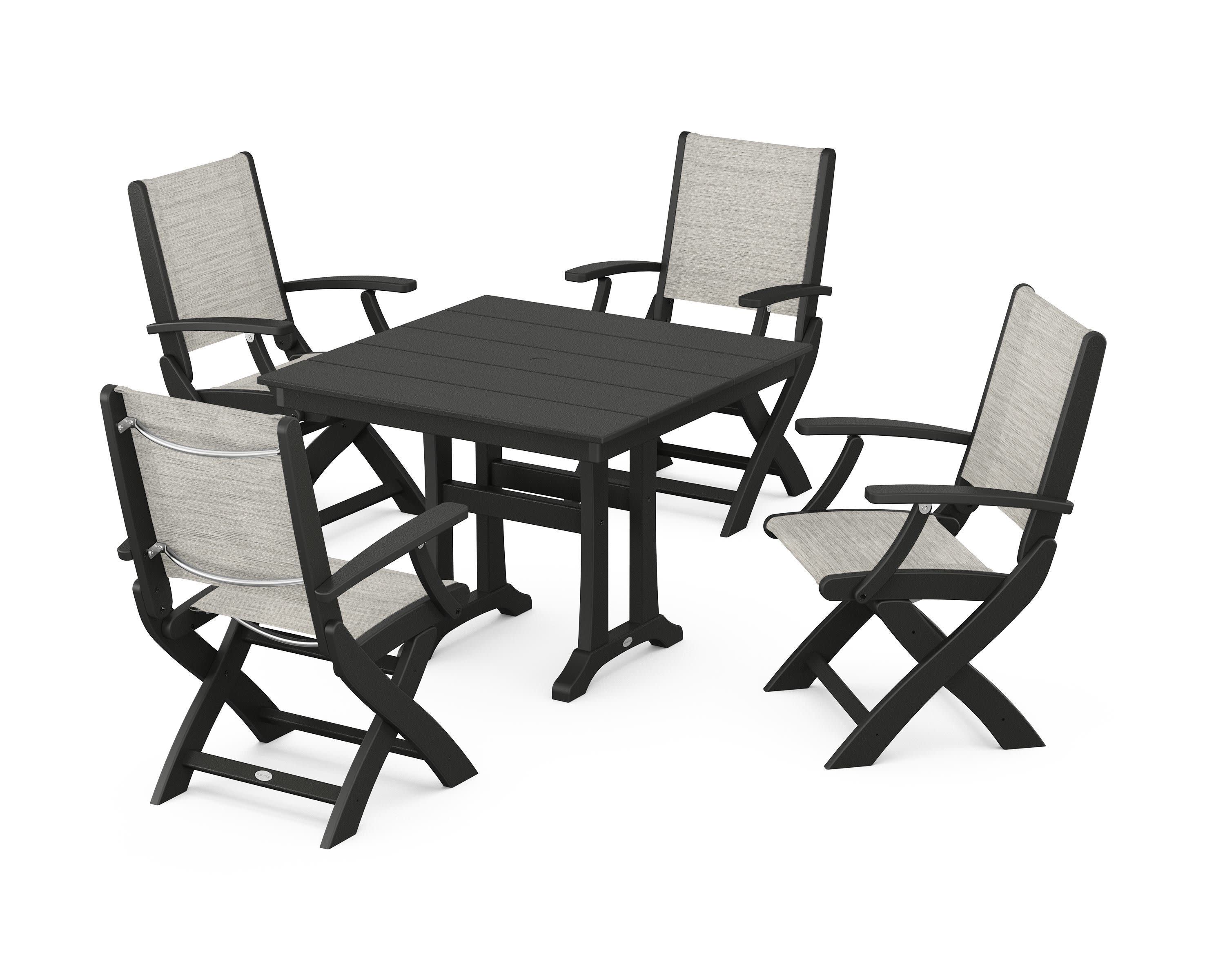 Coastal Folding Chair 5-Piece Farmhouse Dining Set With Trestle Legs in Black / Birch Sling