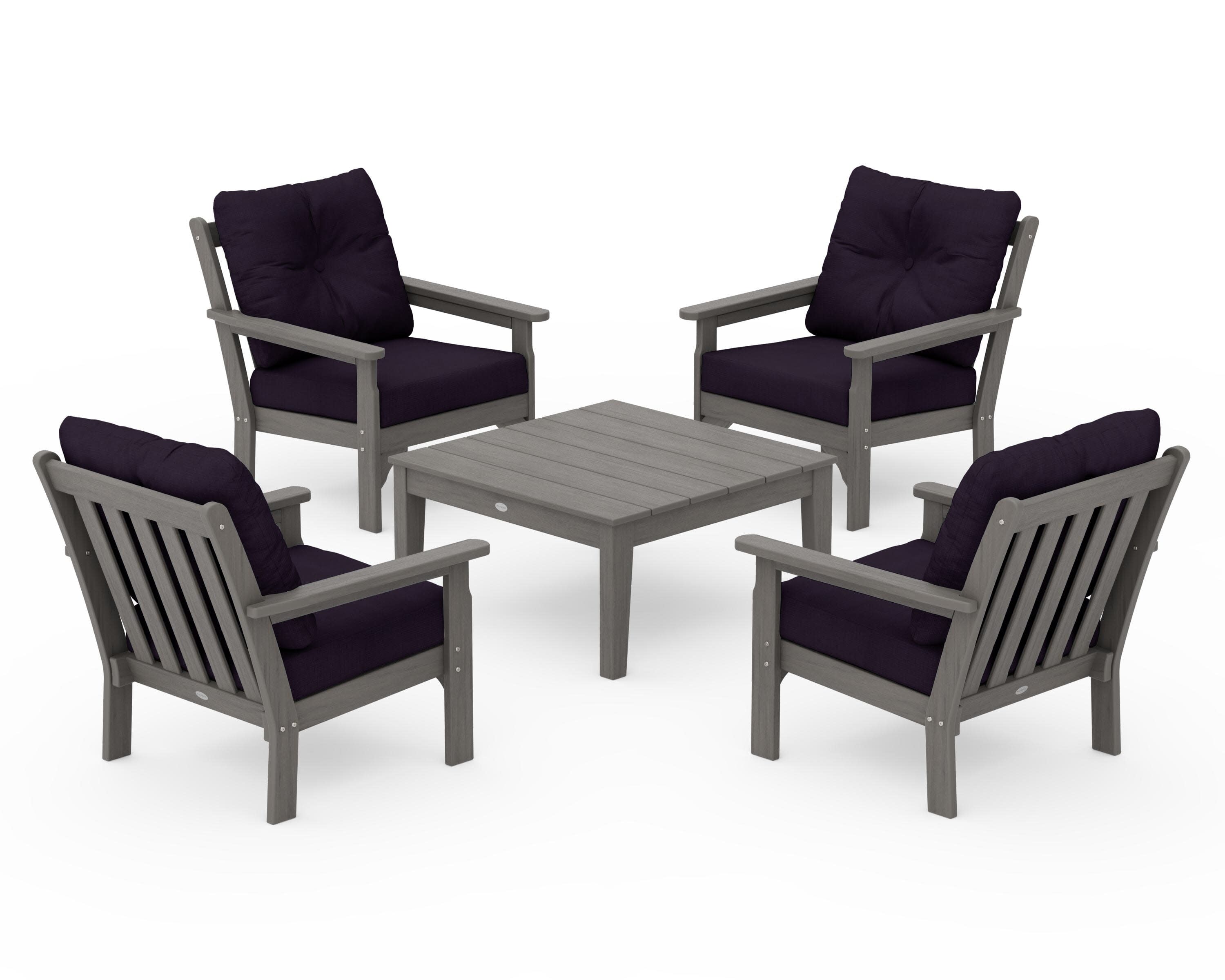 Vineyard 5-Piece Deep Seating Conversation Set in Driftwood / Navy Linen