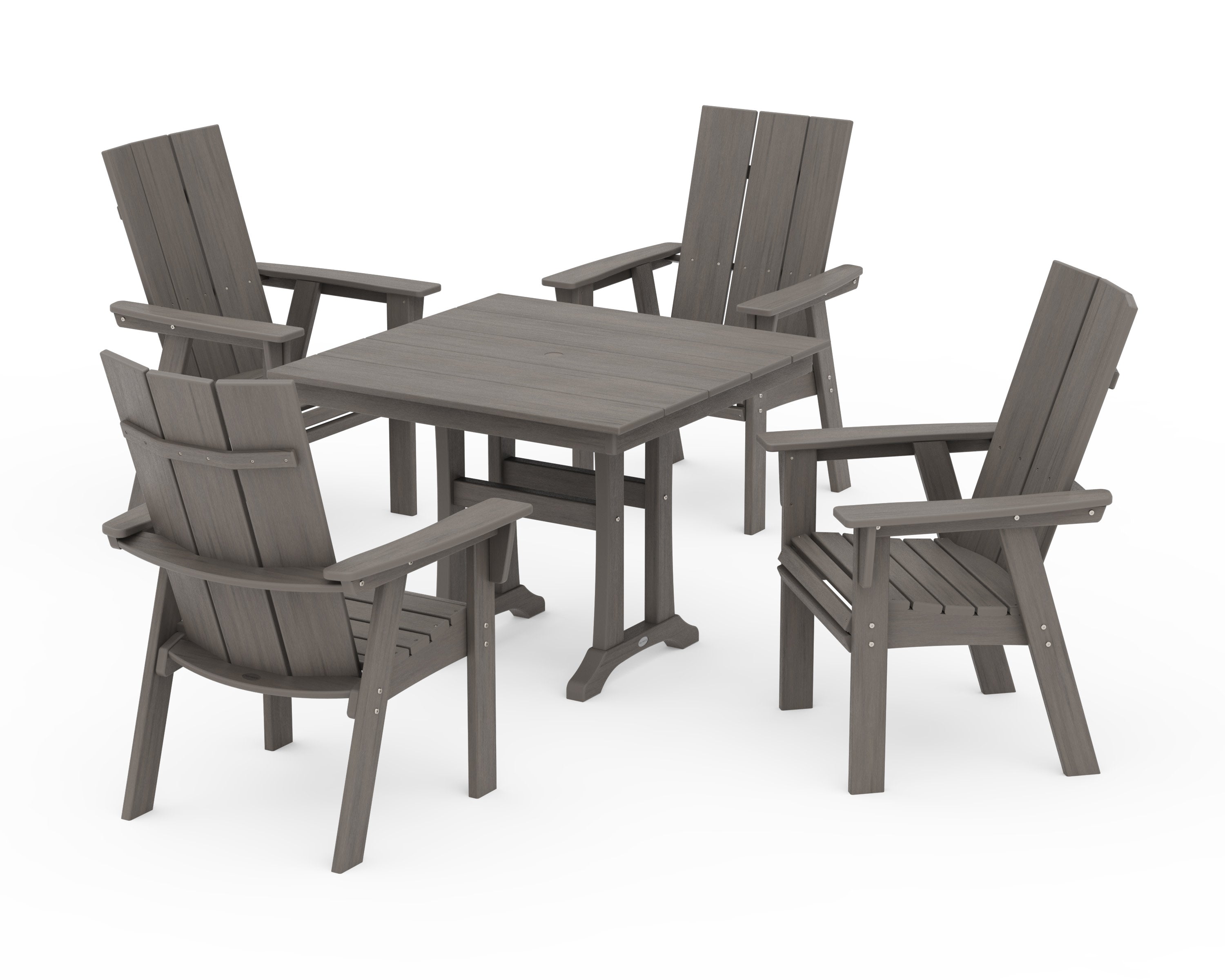 Modern Curveback Adirondack 5-Piece Farmhouse Trestle Dining Set in Driftwood