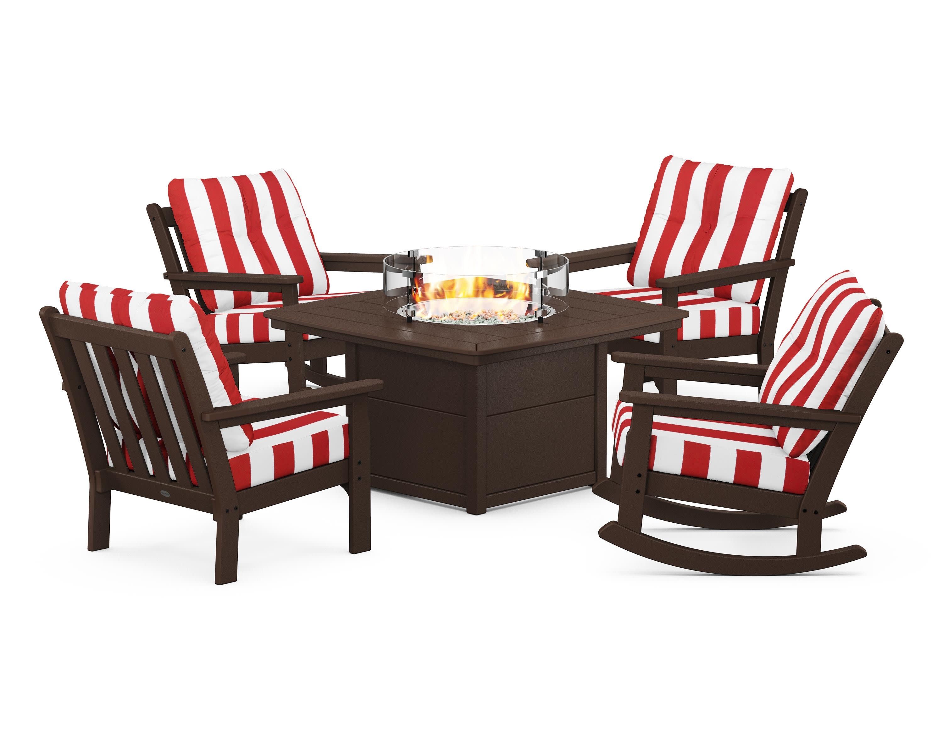 Vineyard 5-Piece Deep Seating Rocking Chair Conversation Set with Fire Pit Table in Mahogany / Cabana Stripe Crimson