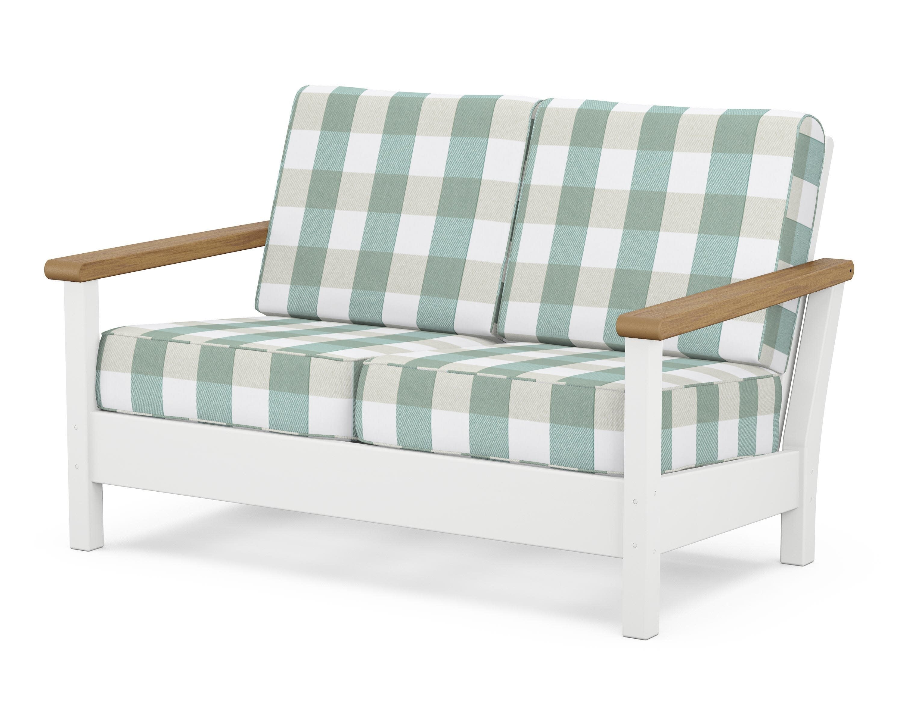 Harbour Deep Seating Loveseat in White / Natural / Buffalo Plaid Glacier Spa