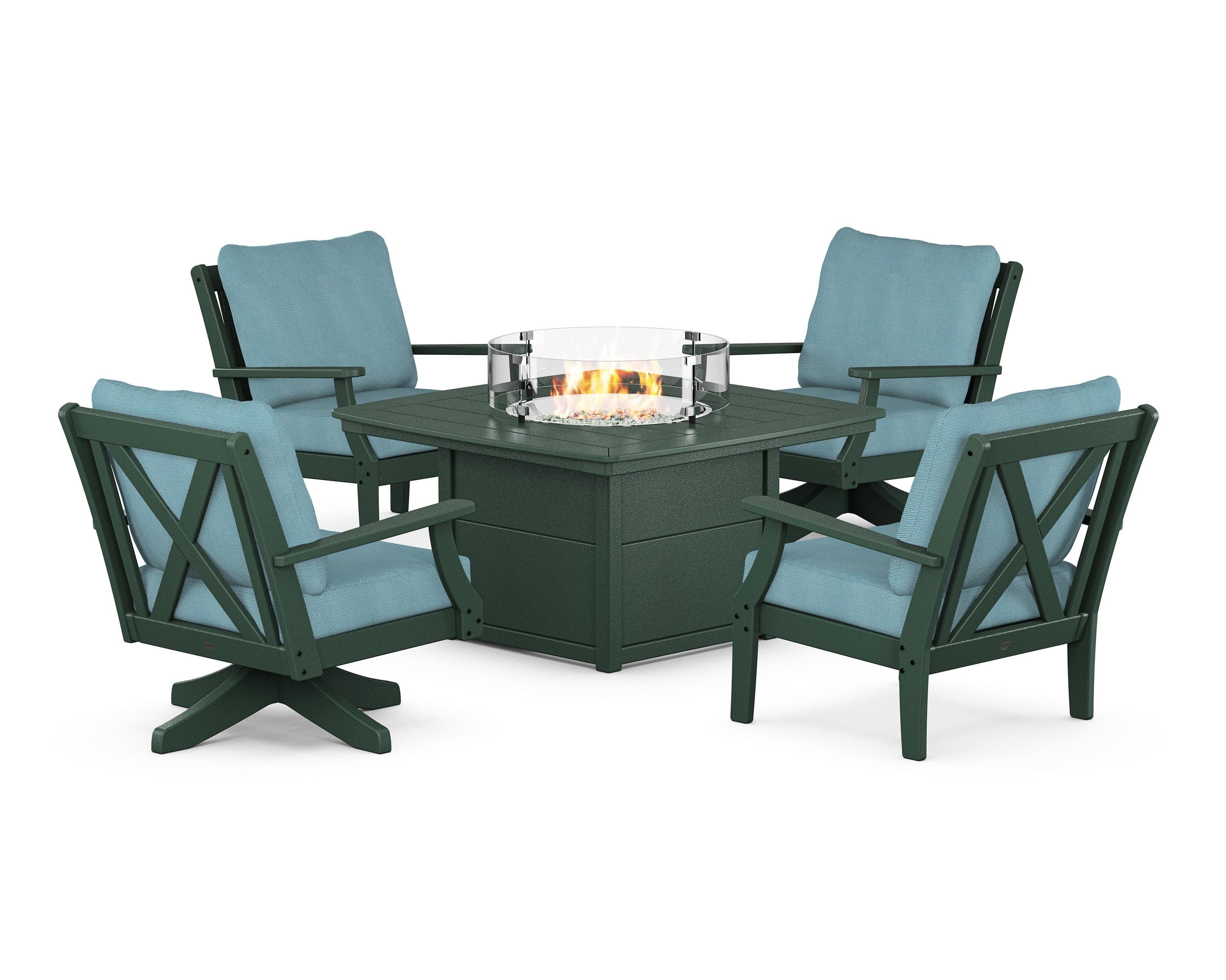 Braxton 5-Piece Deep Seating Set with Fire Table in Green / Lattice Sky Blue