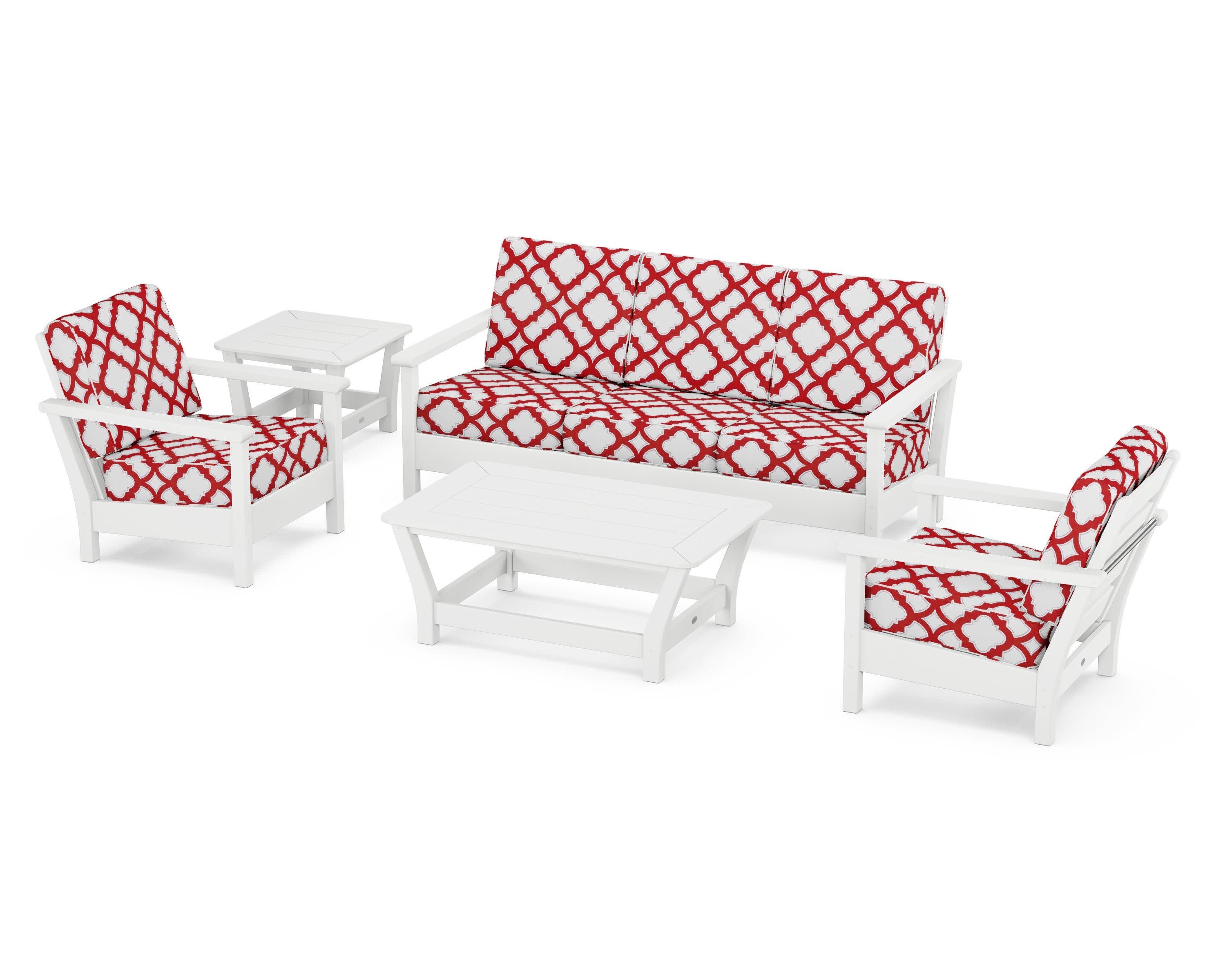 Harbour 5-Piece Deep Seating Set in White / Trellis Crimson