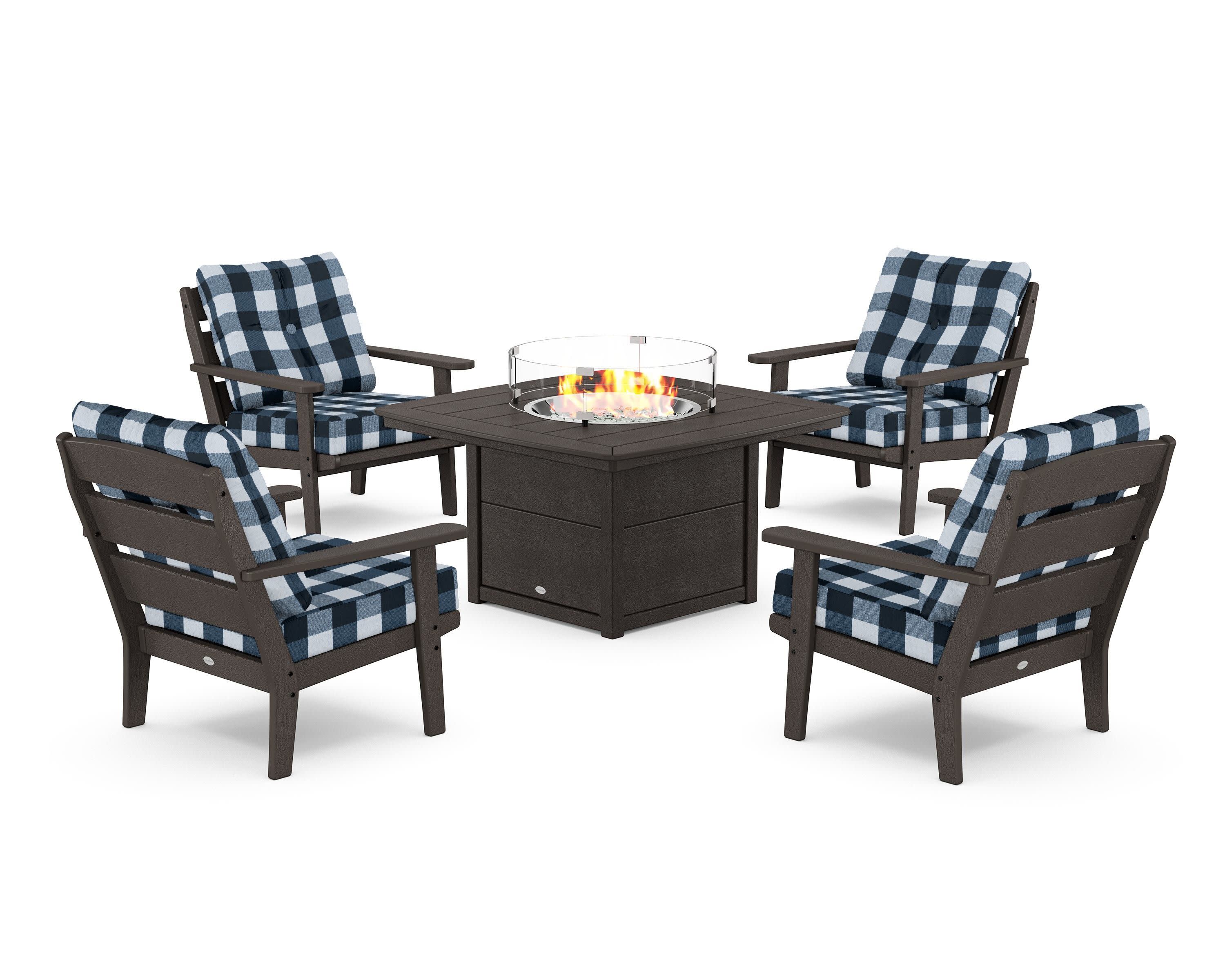 Lakeside 5-Piece Deep Seating Set with Nautical Fire Pit Table in Vintage Coffee / Buffalo Plaid Marine Indigo