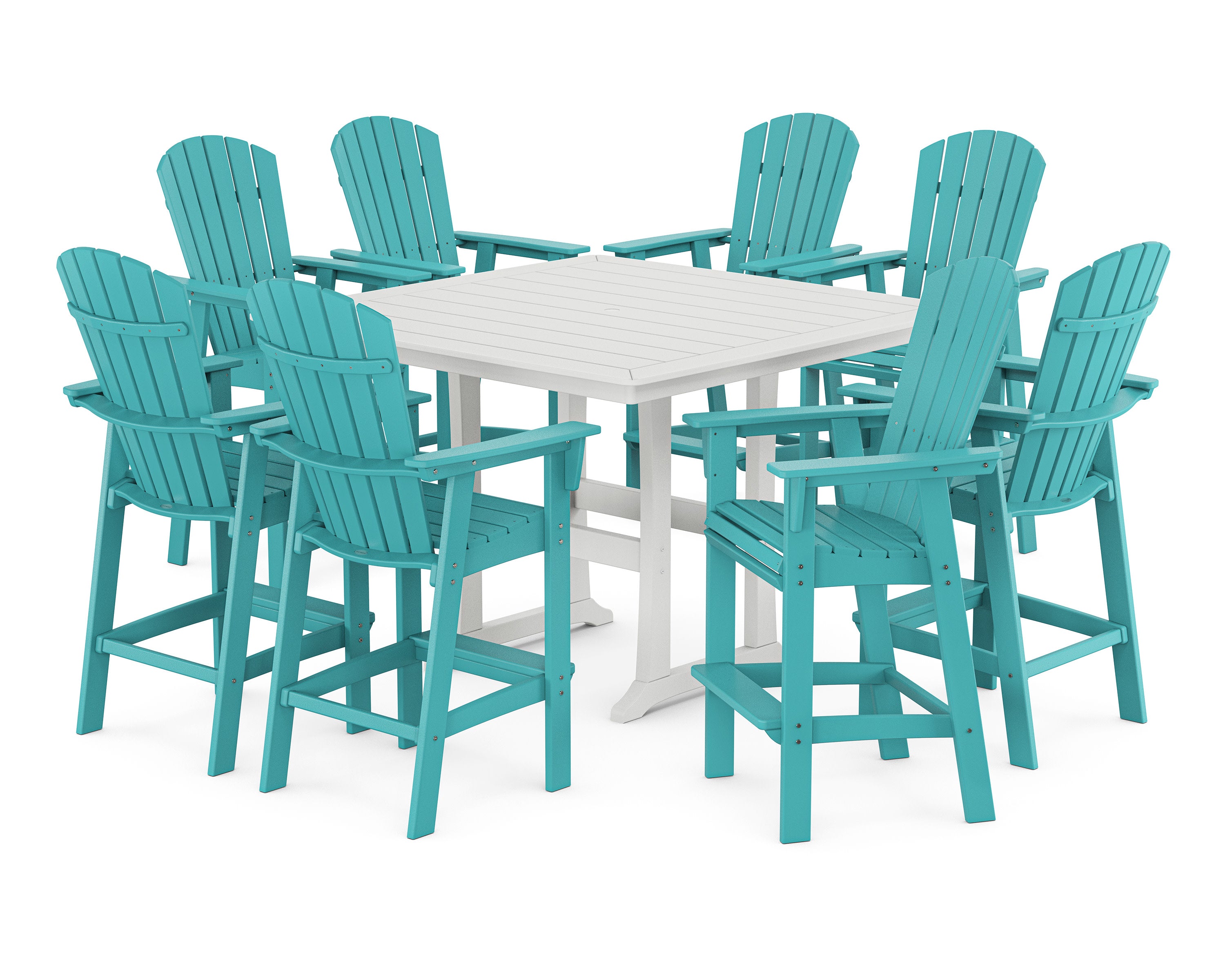 Nautical Curveback Adirondack 9-Piece Trestle Bar Set in Aruba / White
