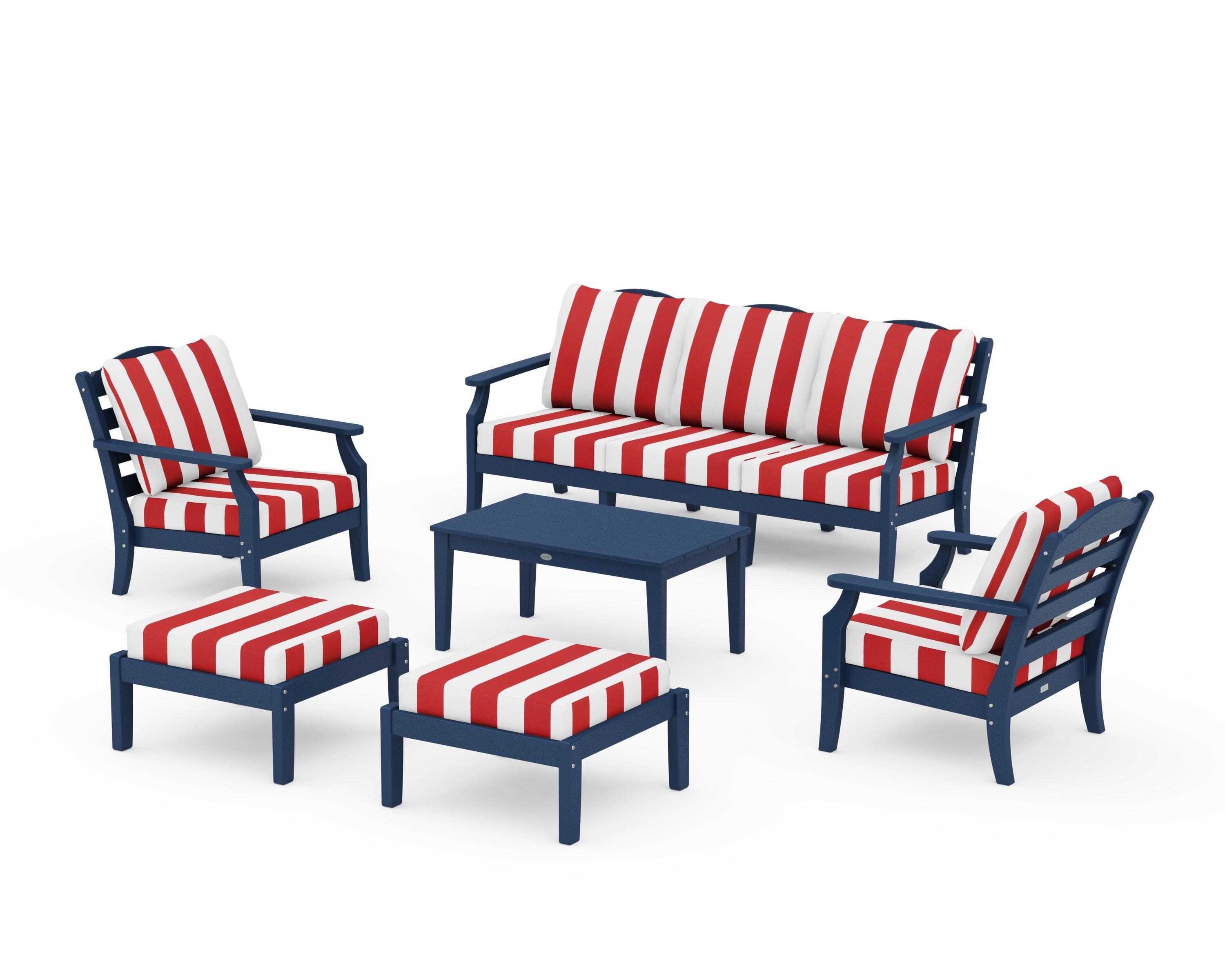 Savannah 6-Piece Lounge Sofa Set in Navy / Cabana Stripe Crimson