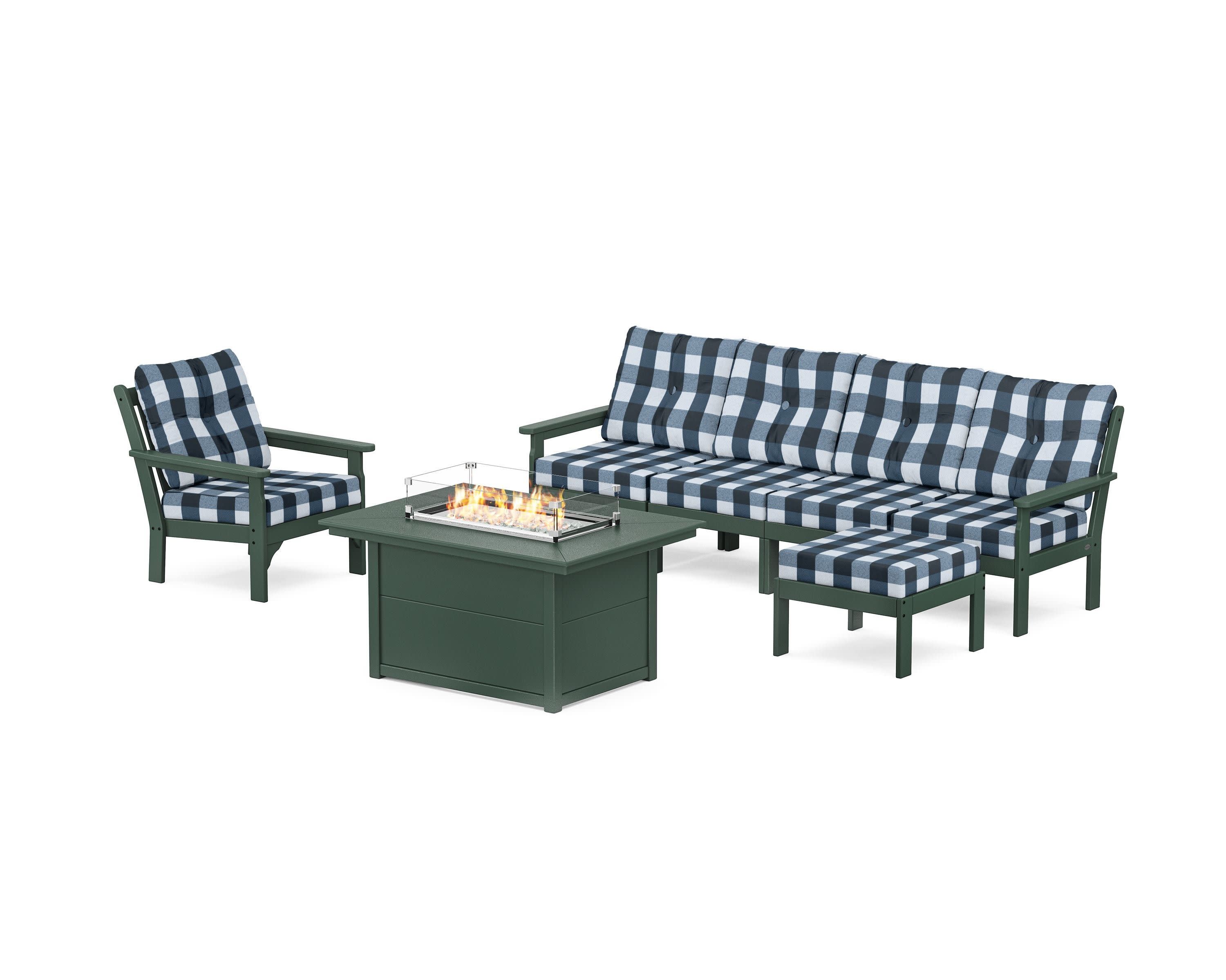 Vineyard Sectional Lounge and Fire Pit Set in Green / Buffalo Plaid Marine Indigo