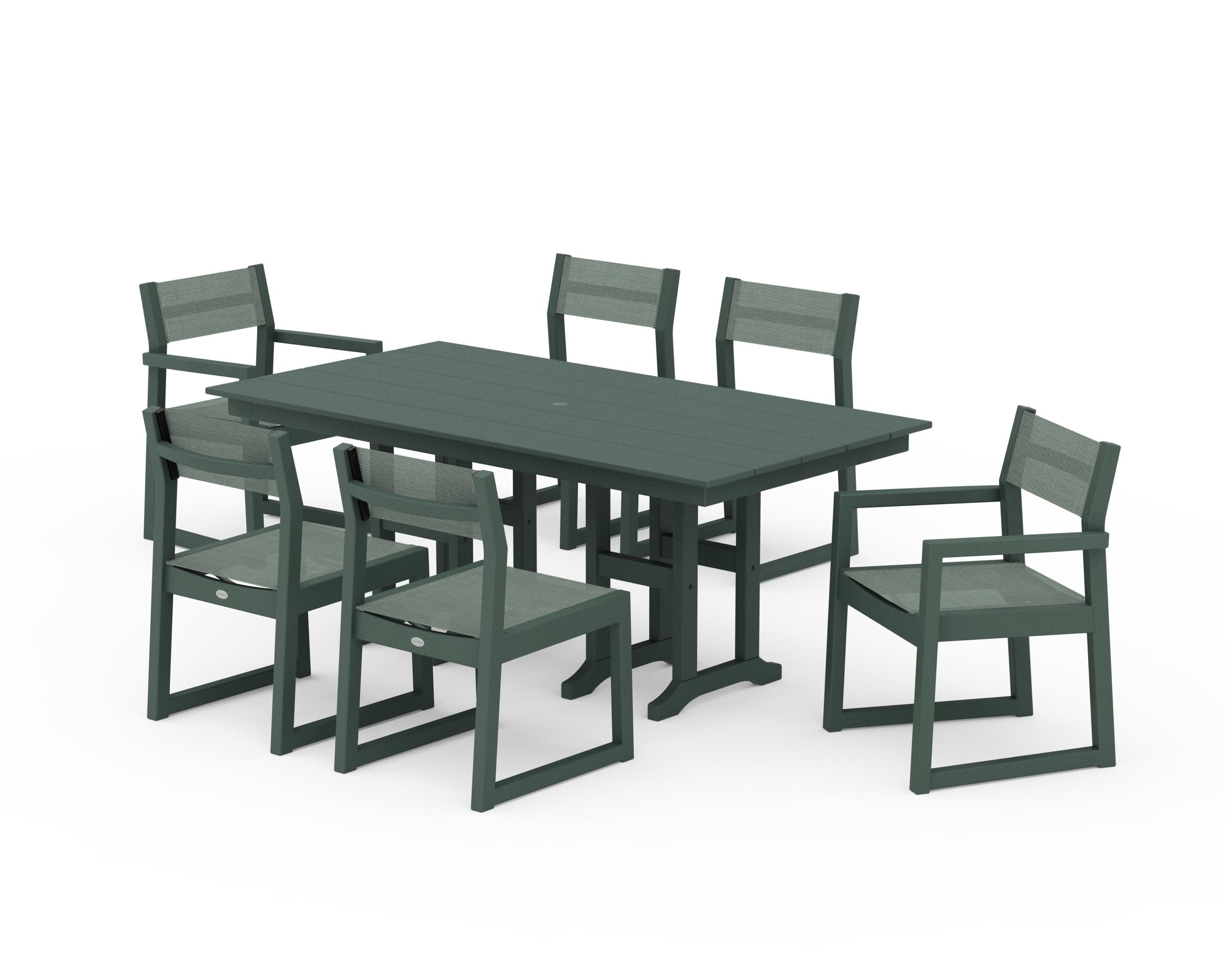 EDGE Sling 7-Piece Farmhouse Dining Set in Green / Dupioni Sea Mist Sling