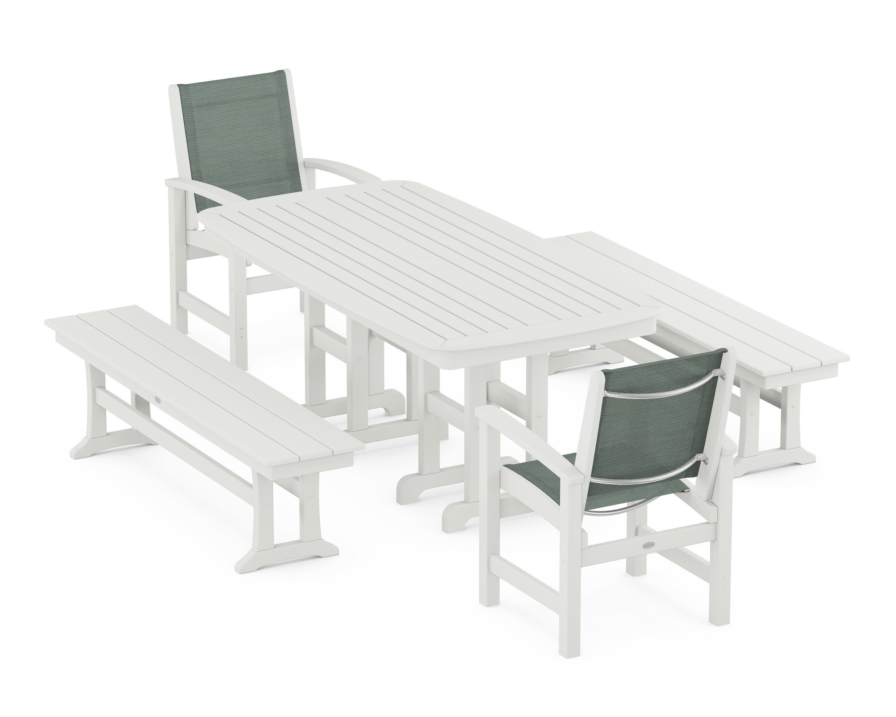 Coastal 5-Piece Dining Set in Vintage White / Dupioni Sea Mist Sling