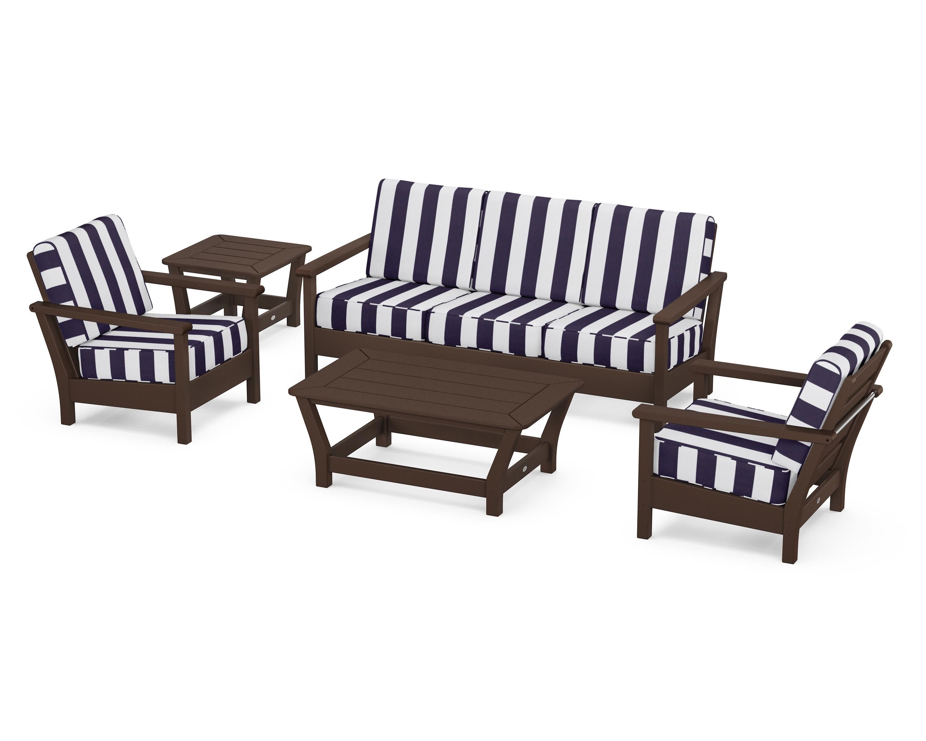 Harbour 5-Piece Deep Seating Set in Mahogany / Cabana Stripe Navy