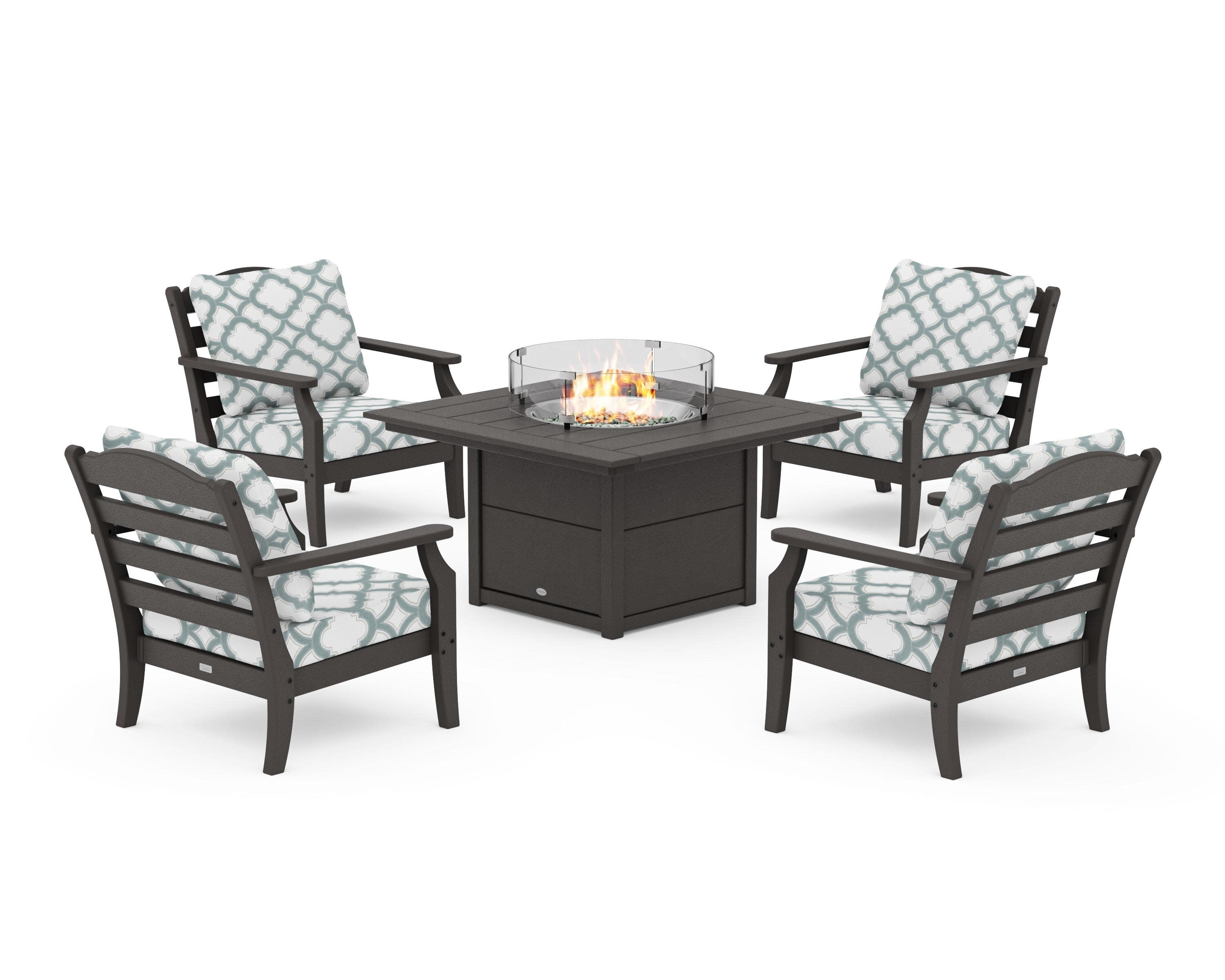 Savannah 5-Piece Deep Seating Set with Fire Pit Table in Vintage Coffee / Trellis Glacier Spa