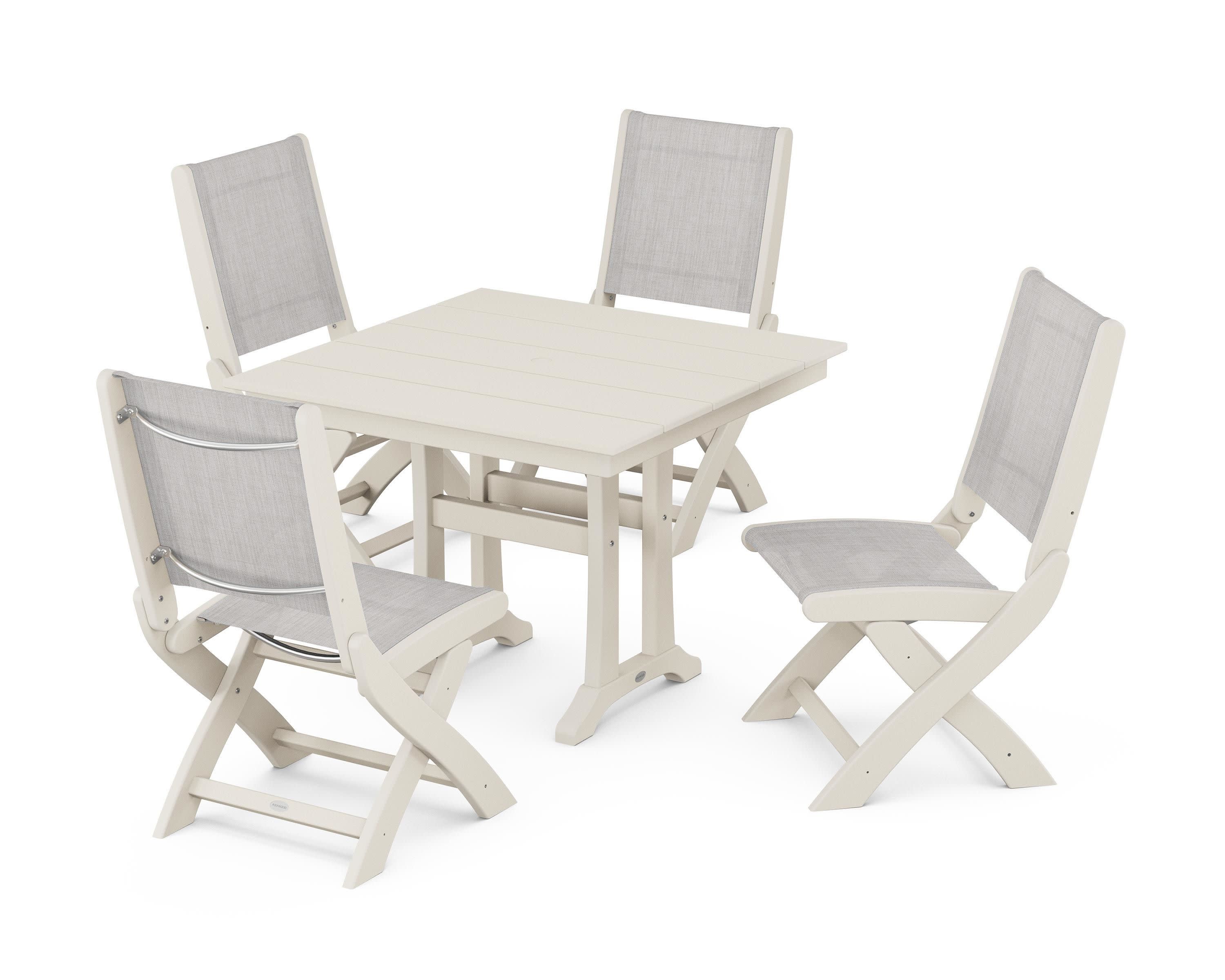 Coastal Folding Side Chair 5-Piece Farmhouse Dining Set With Trestle Legs in Sand / Parchment Sling
