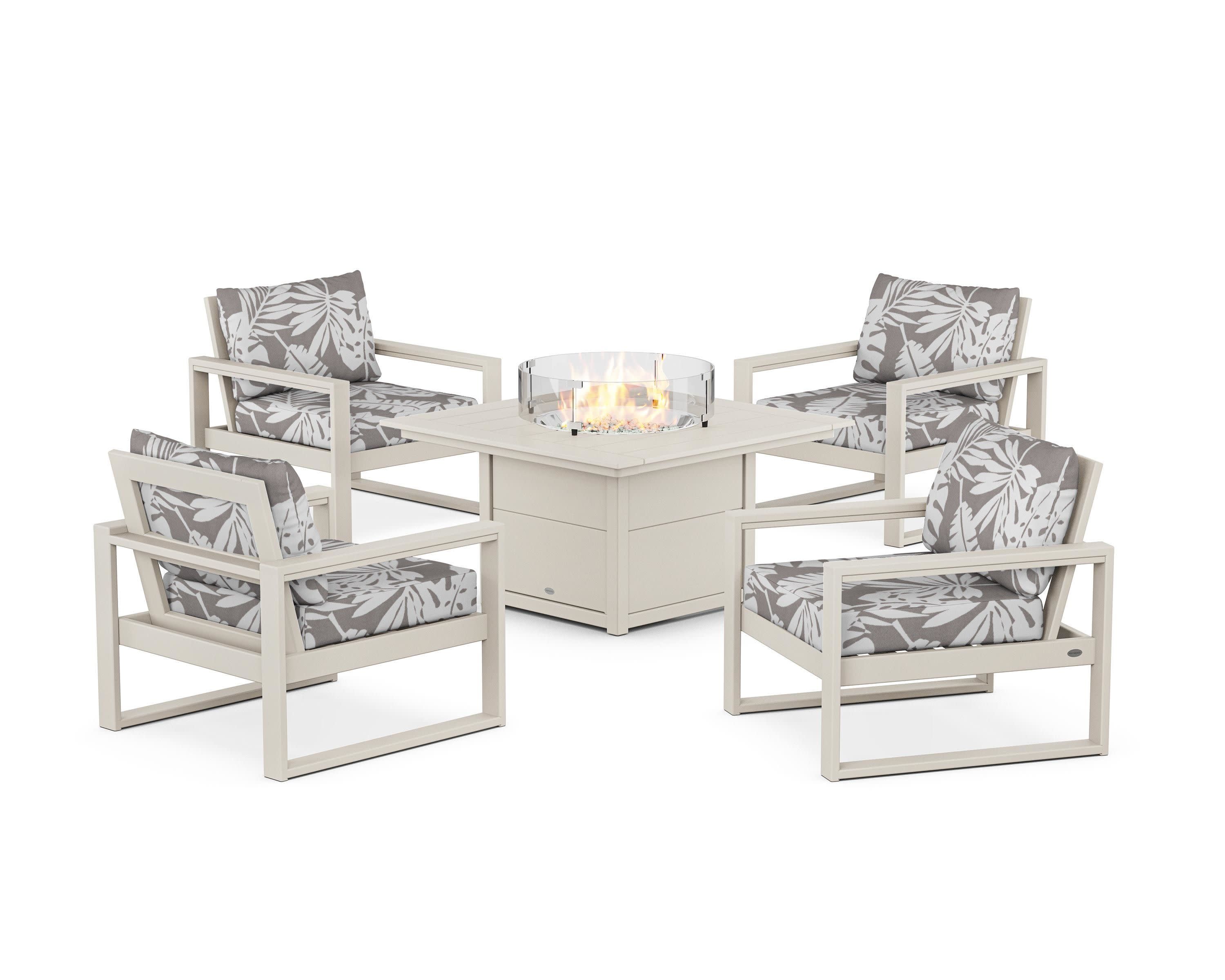 EDGE Sectional 5-Piece Deep Seating Set with Fire Pit Table in Sand / Leaf Grey Mist