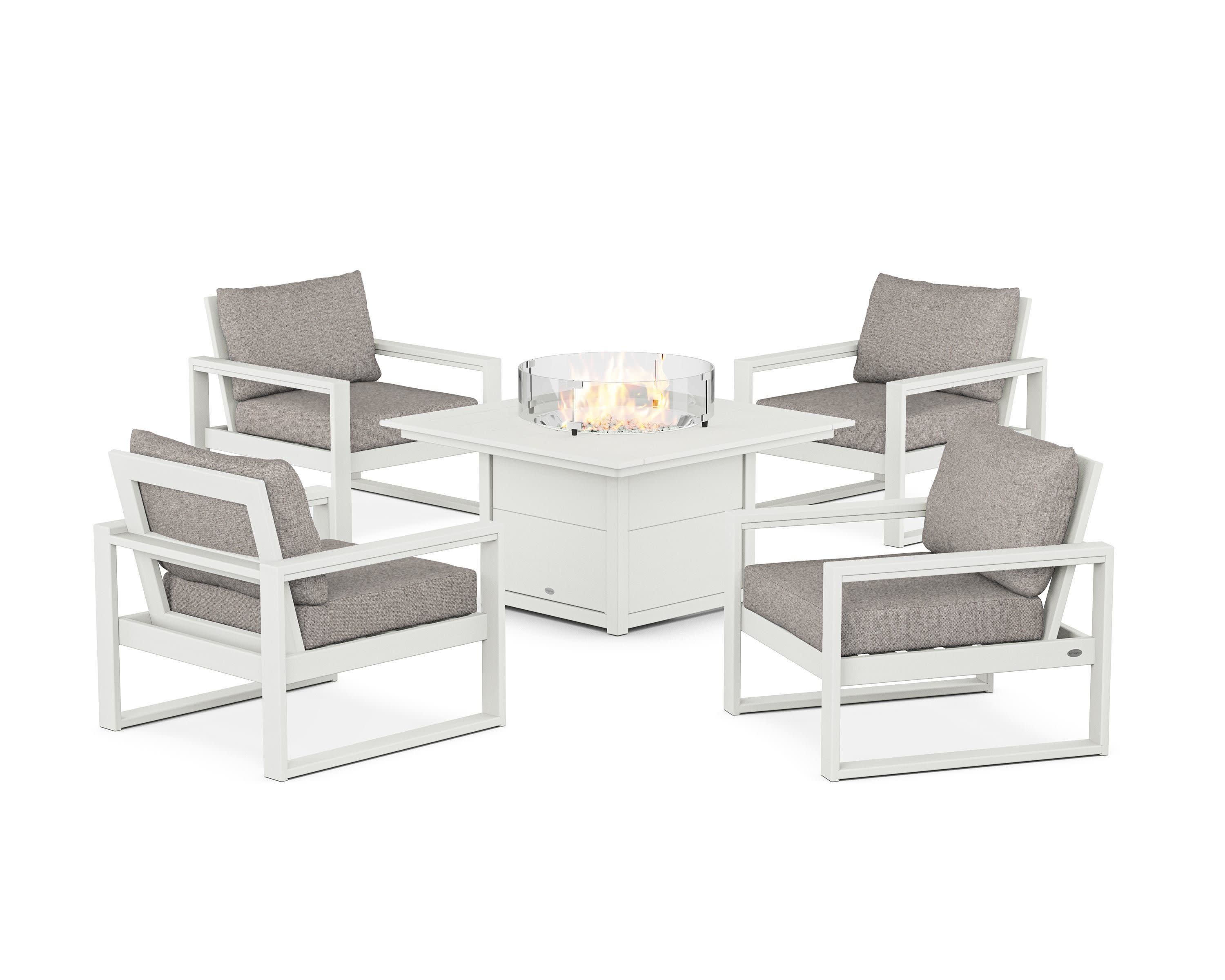 EDGE Sectional 5-Piece Deep Seating Set with Fire Pit Table in Vintage White / Weathered Tweed