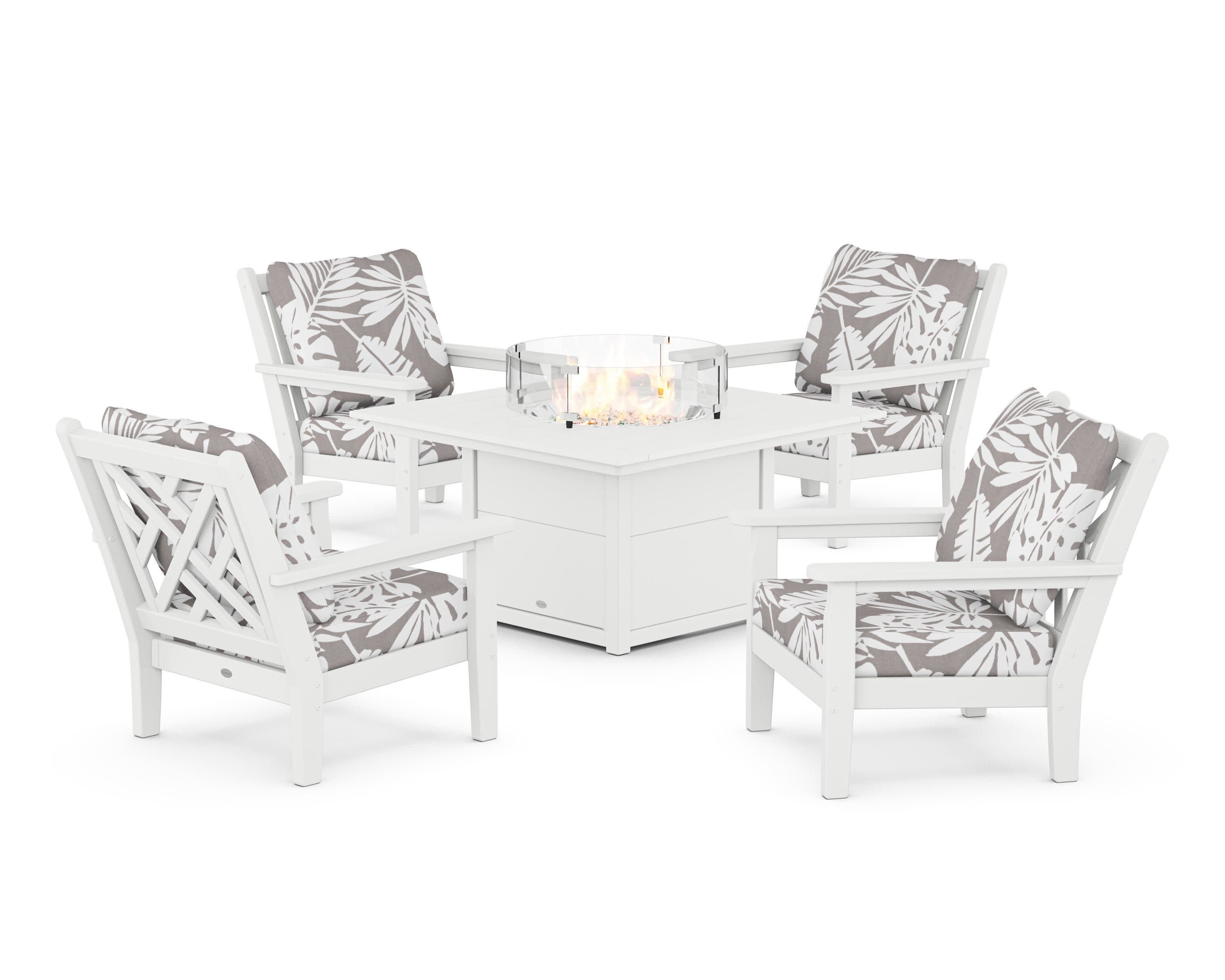 Chippendale 5-Piece Deep Seating Set with Fire Pit Table in White / Leaf Grey Mist