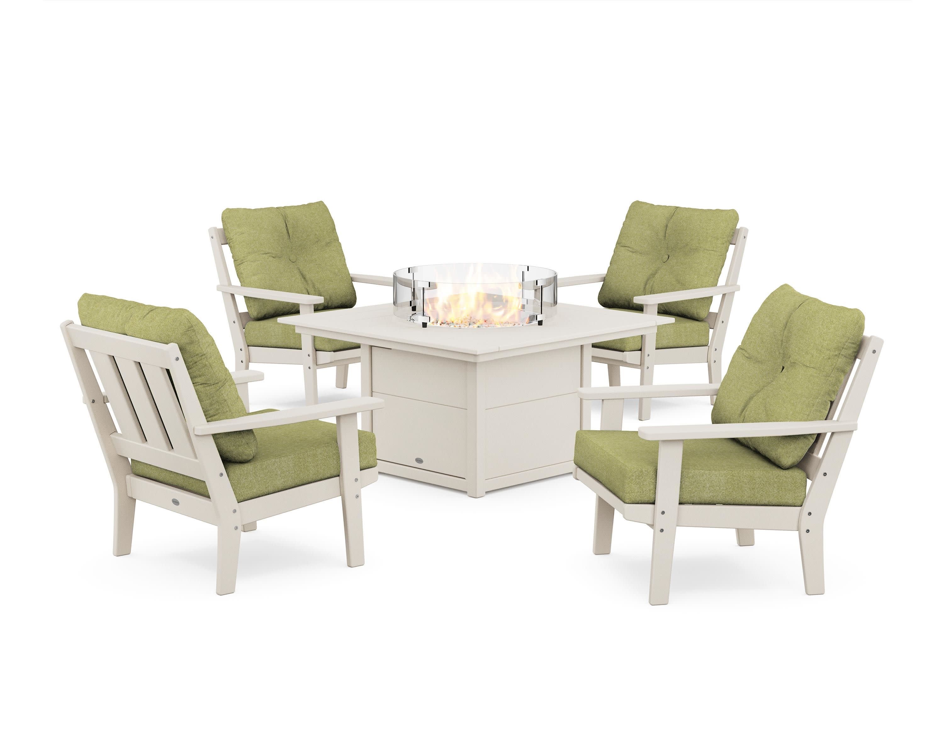Oxford 5-Piece Deep Seating Set with Fire Pit Table in Sand / Chartreuse Boucle