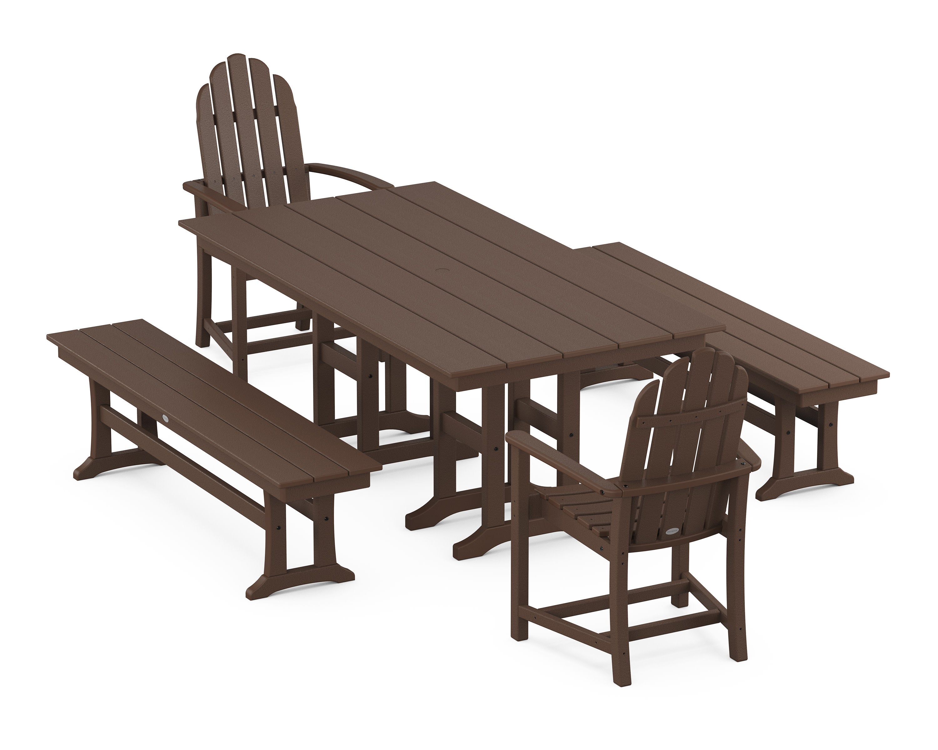 Classic Adirondack 5-Piece Farmhouse Dining Set with Benches in Mahogany