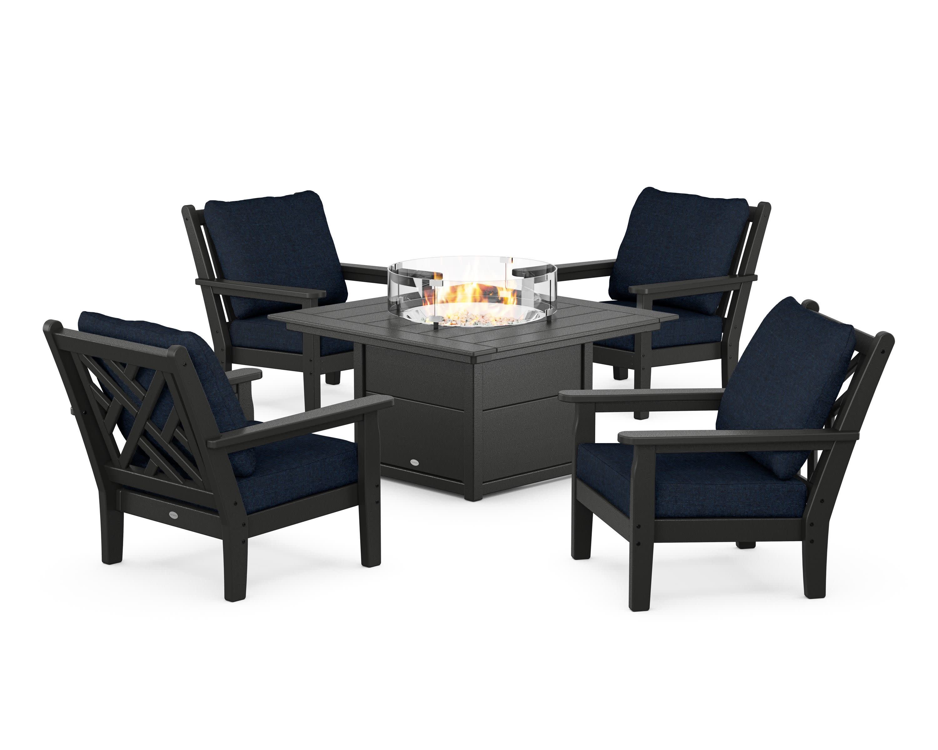 Chippendale 5-Piece Deep Seating Set with Fire Pit Table in Black / Marine Indigo