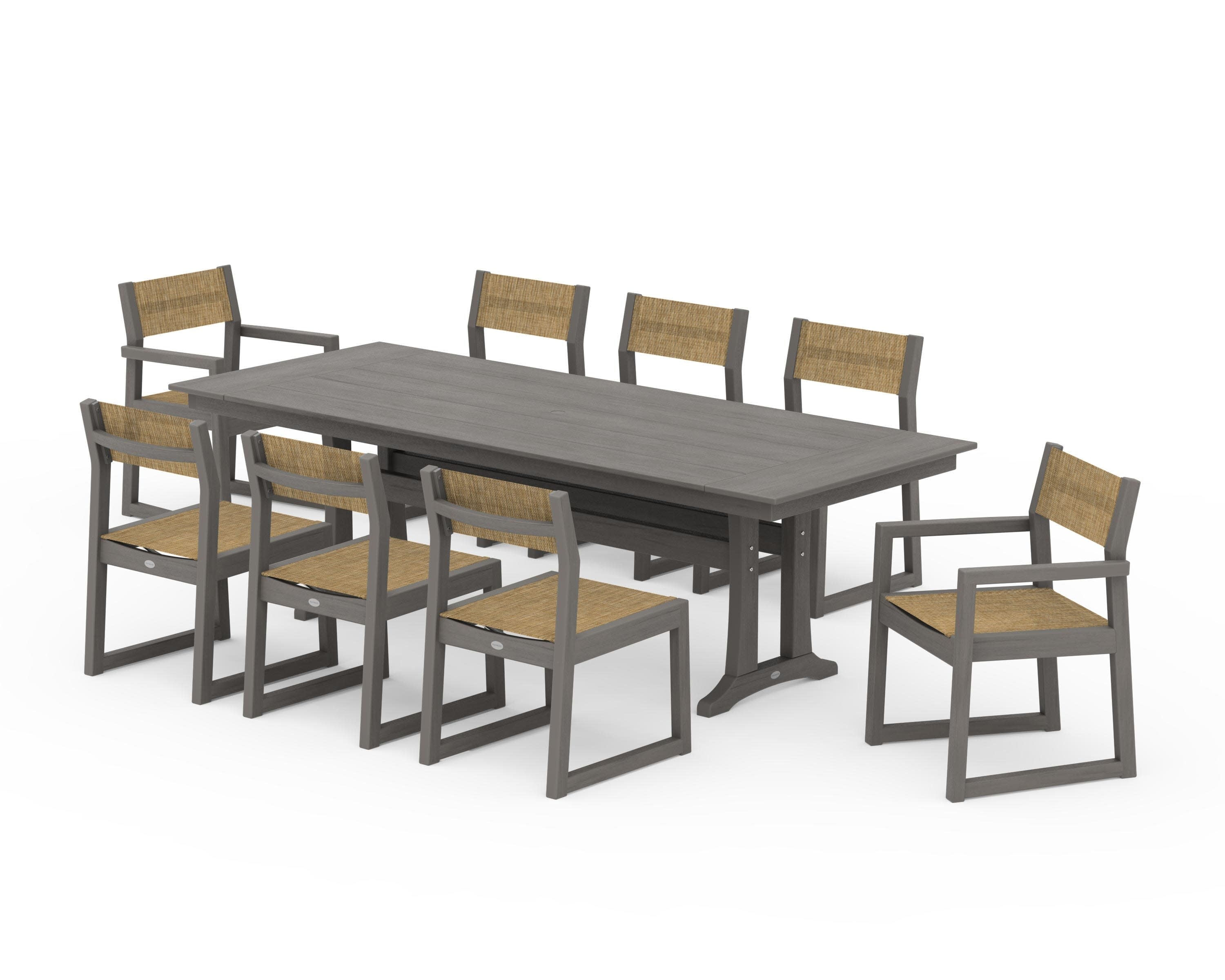 EDGE Sling 9-Piece Farmhouse Trestle Dining Set in Driftwood / Burlap Sling