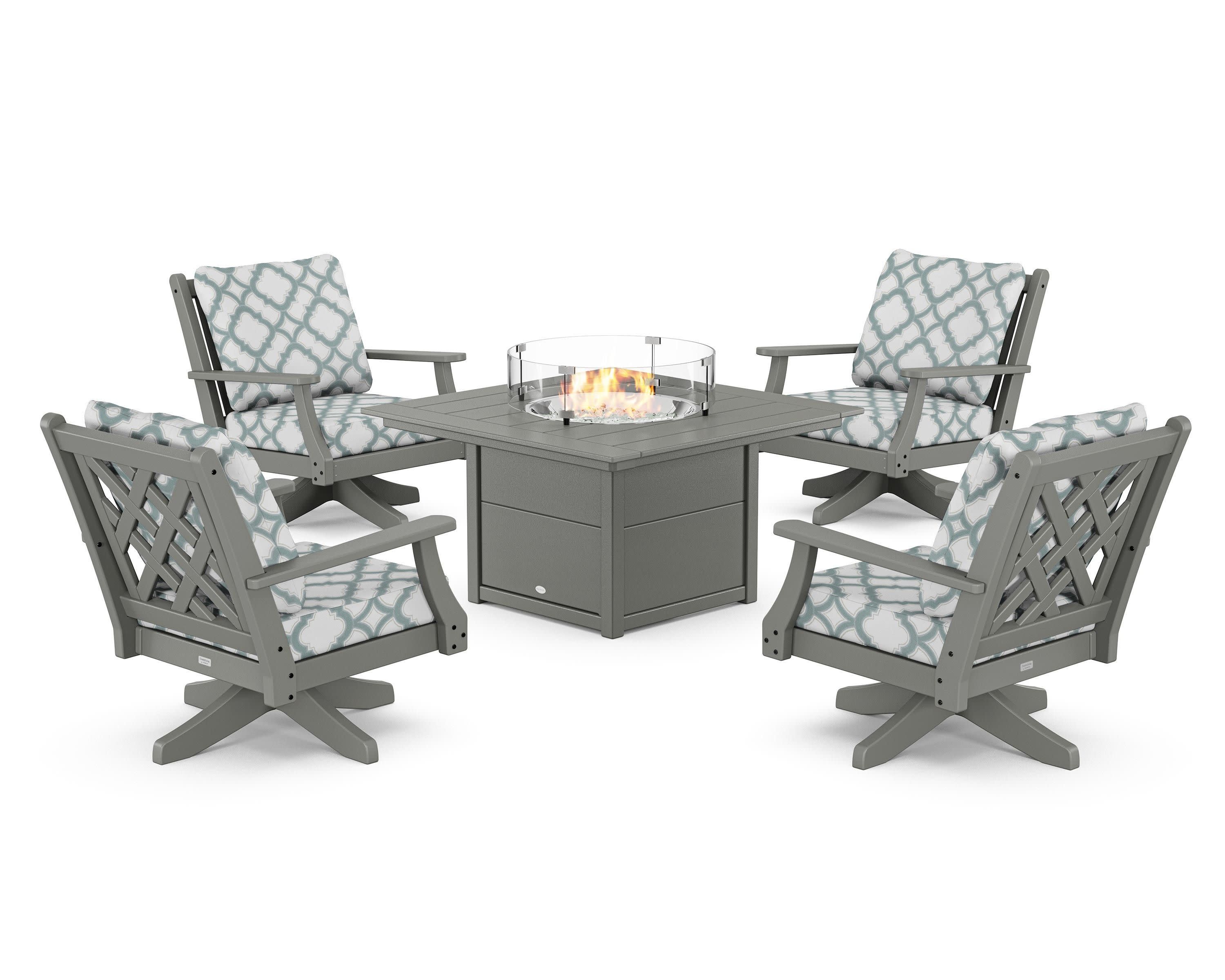 Wovendale 5-Piece Deep Seating Swivel Conversation Set with Fire Pit Table in Slate Grey / Trellis Glacier Spa