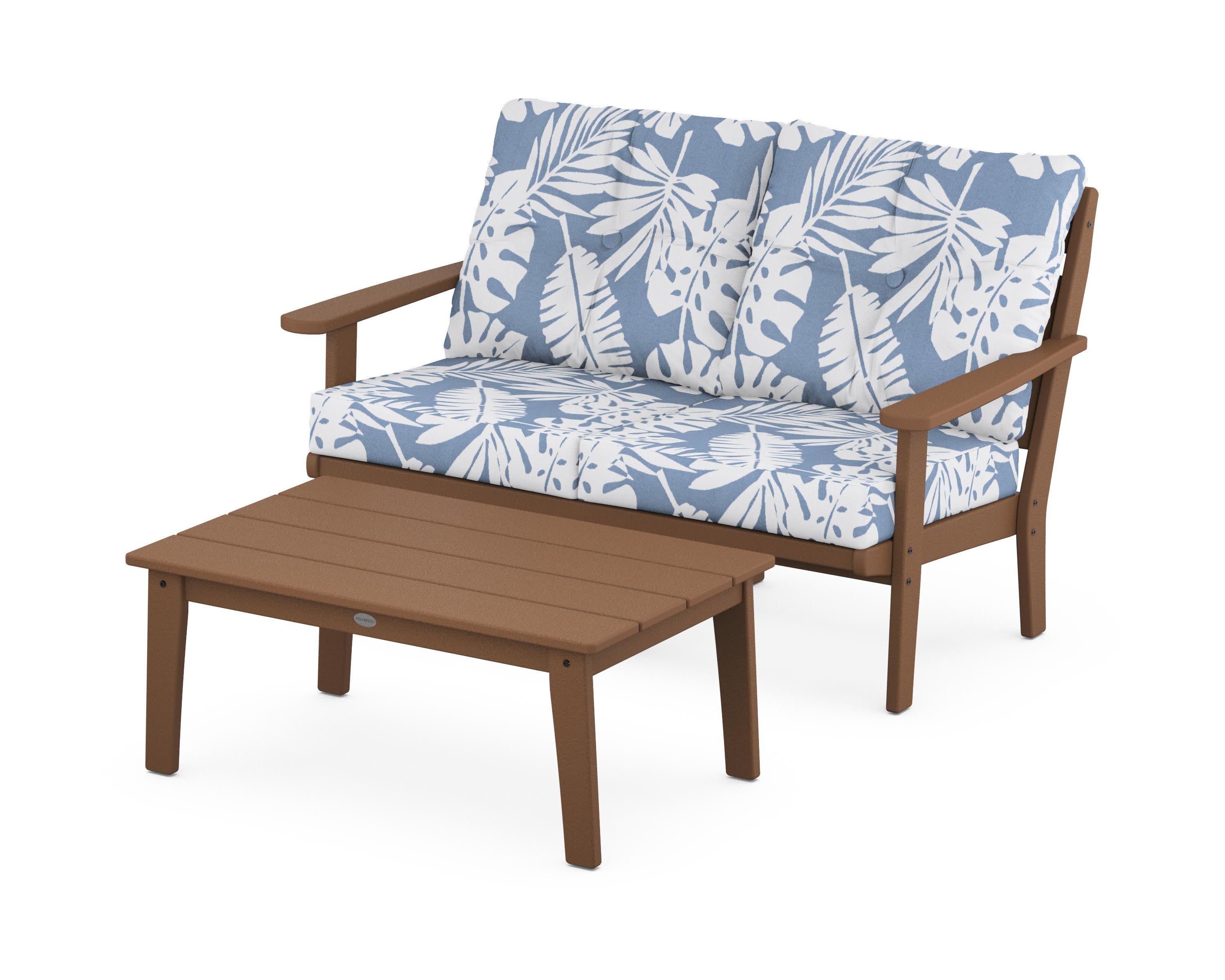 Lakeside 2-Piece Lounge Loveseat Set in Teak / Leaf Sky Blue