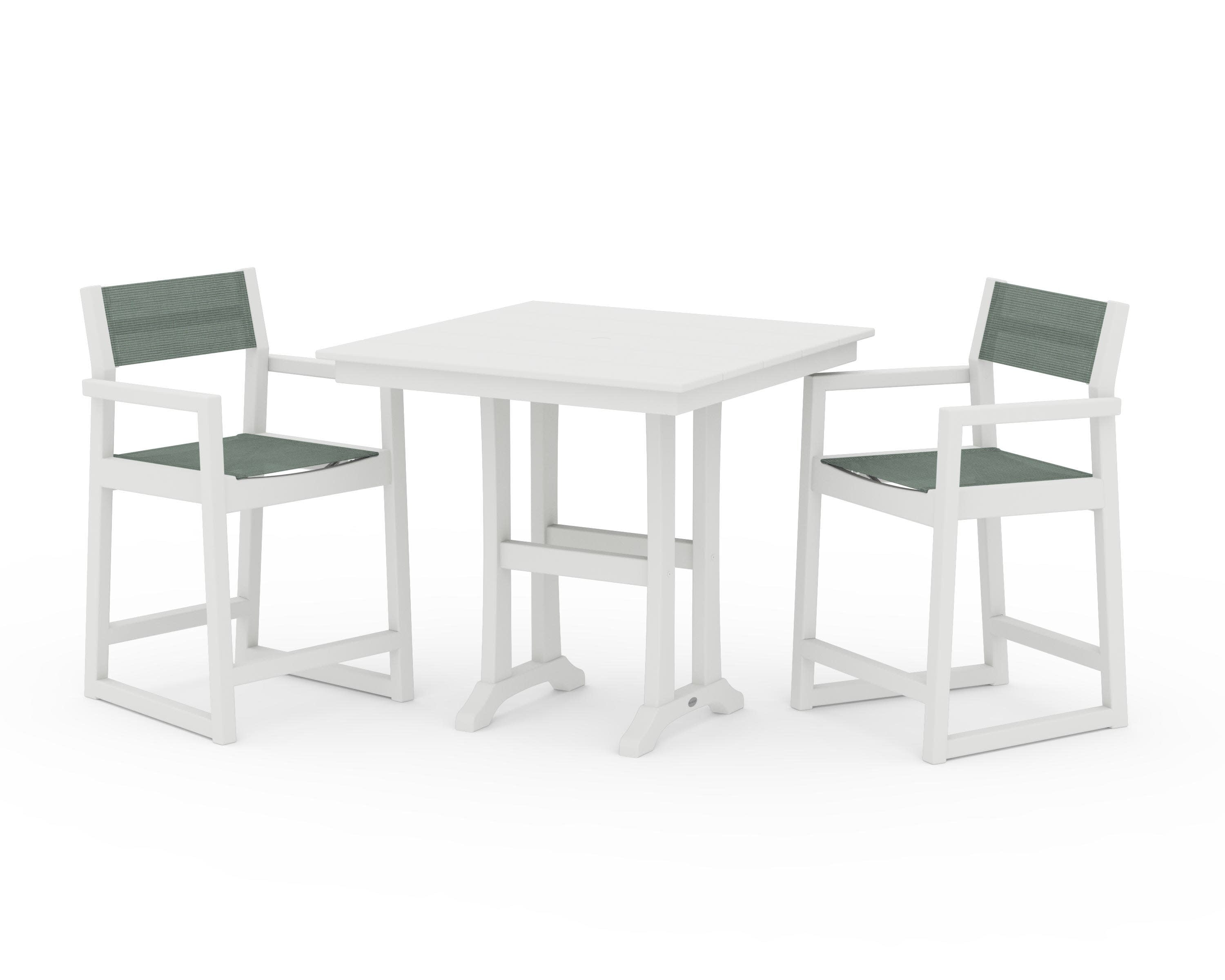 EDGE Sling Arm Chair 3-Piece Farmhouse Counter Set with Trestle Legs in Vintage White / Dupioni Sea Mist Sling
