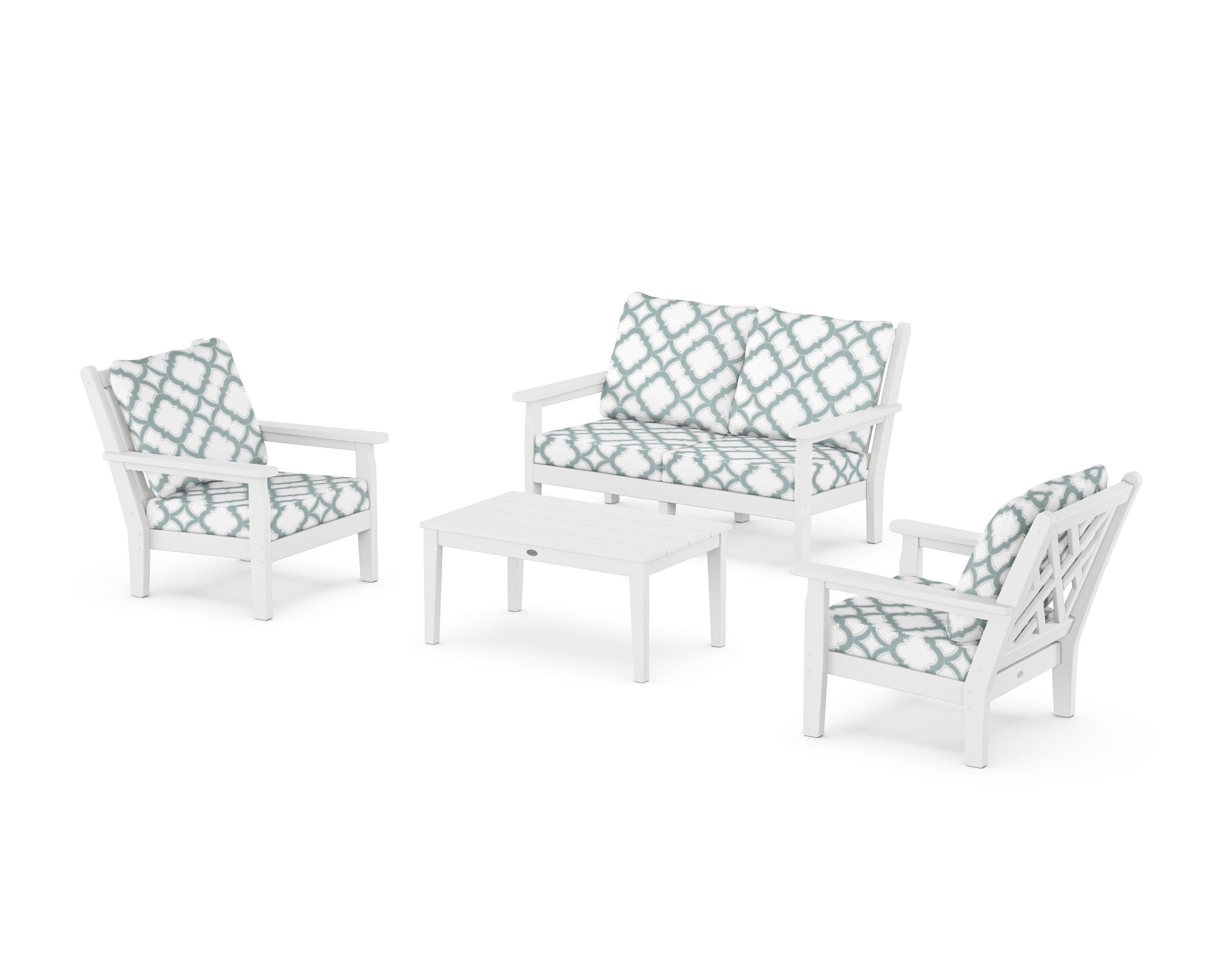 Chippendale 4-Piece Deep Seating Set with Loveseat in White / Trellis Glacier Spa