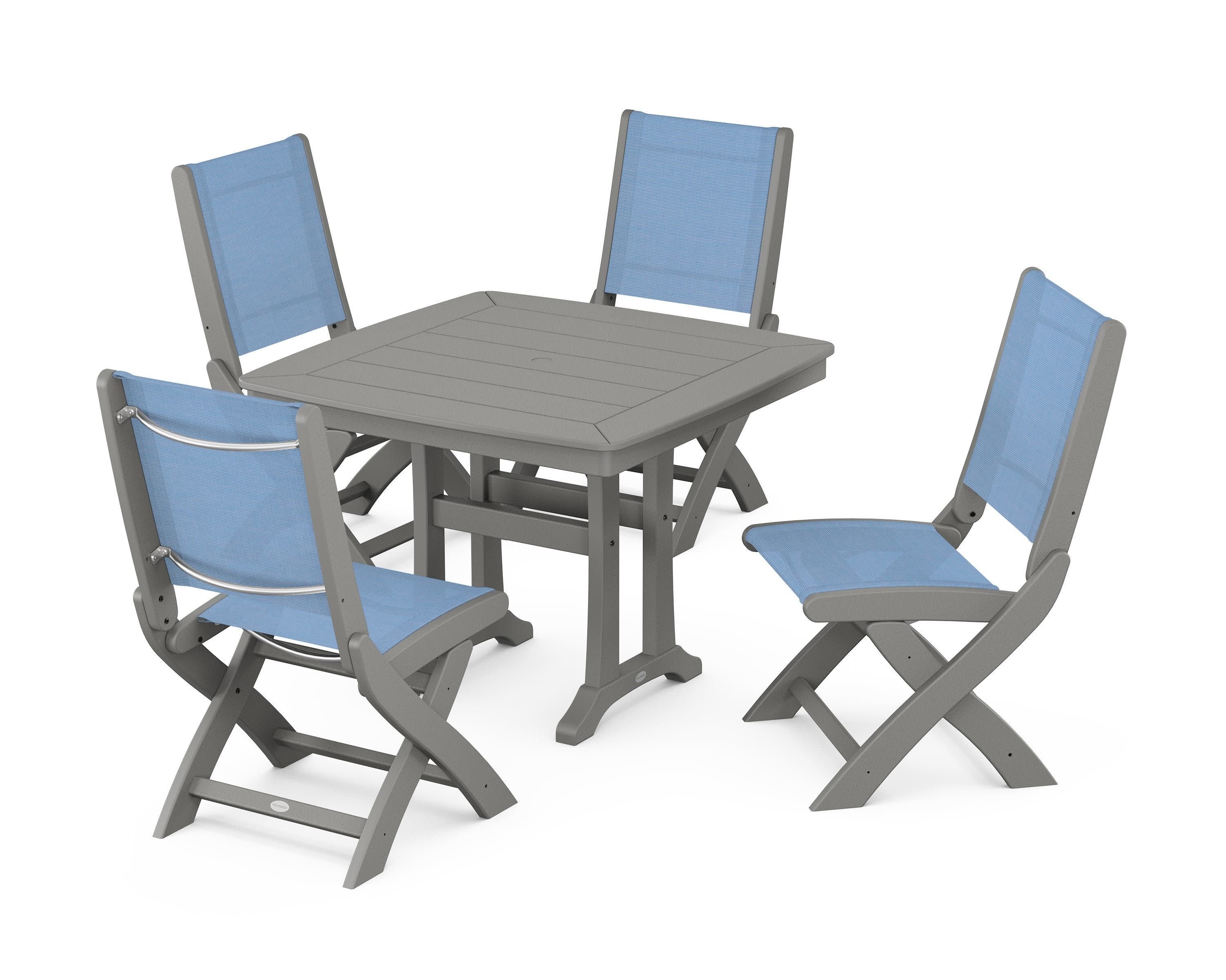 Coastal Folding Side Chair 5-Piece Dining Set with Trestle Legs in Slate Grey / Poolside Sling